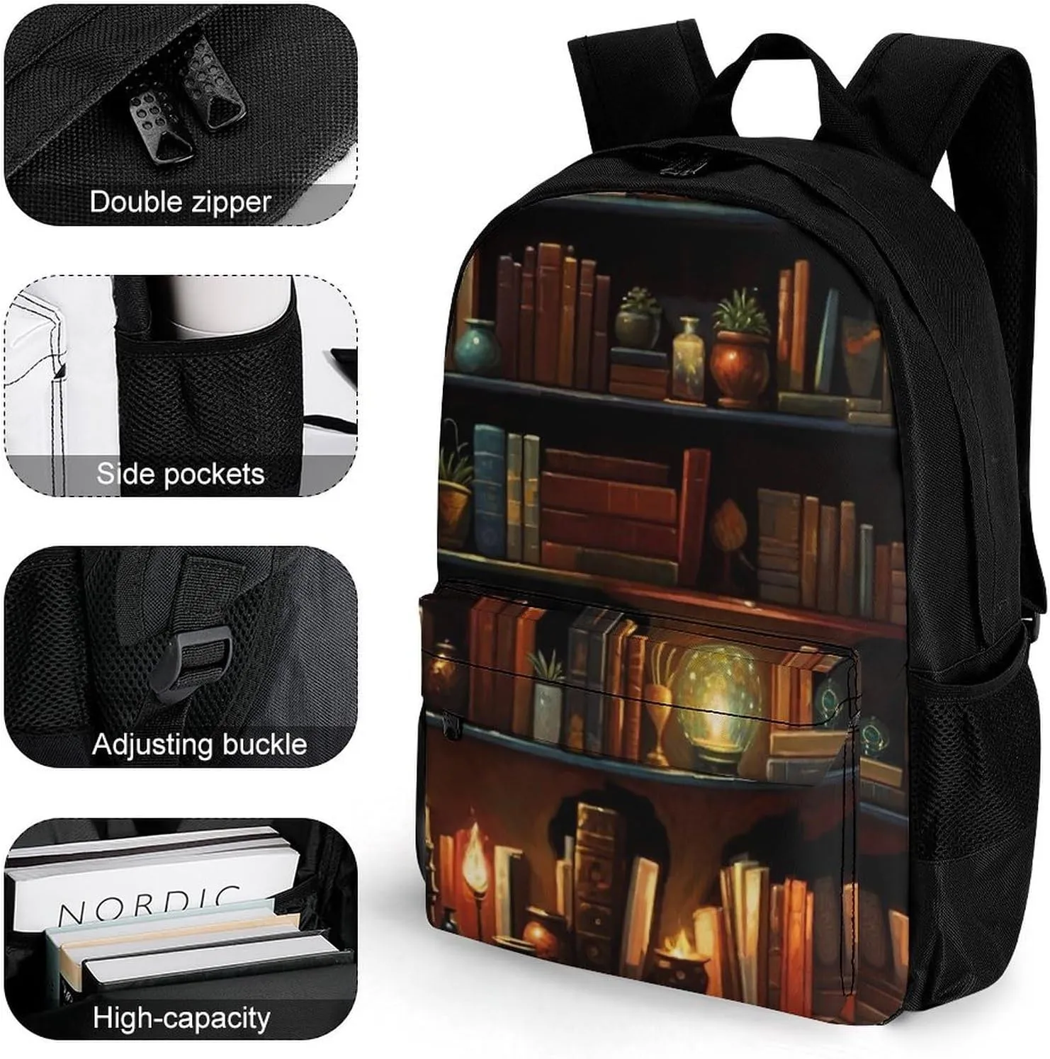 Adults Lightweight Magic Bookshelf Vintage Style Book Art Rucksacks Large Capacity Bookbag With Adjustable Shoulder Straps for Trekking Outdoors Bicycle