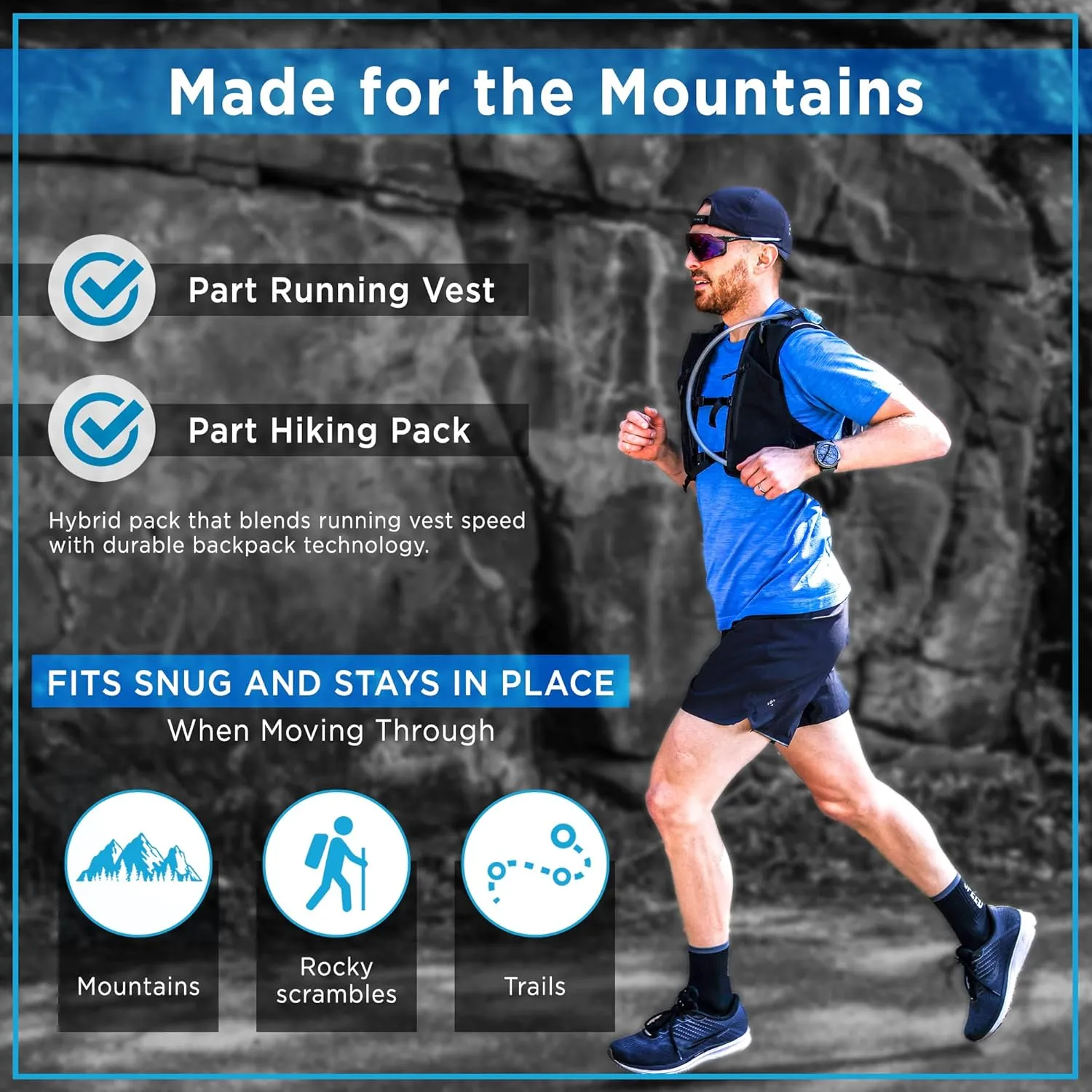 Adventure Pack | Part Running Vest, Part Hiking Backpack | Hybrid Hydration Pack for Mountain and Trail Running, Biking, Hiking | Ultra-Versatile Hydropack Running Backpack | Bladder Included