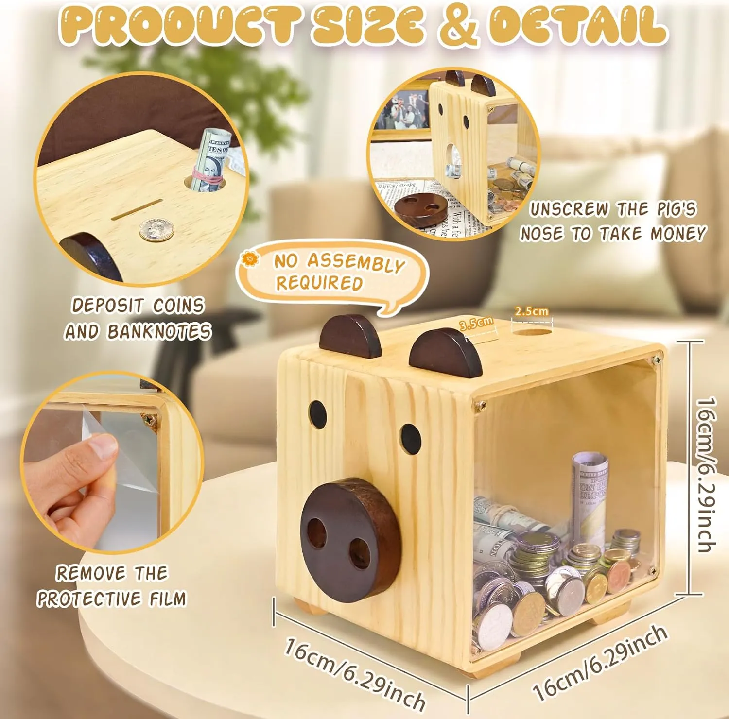 AerWo Wooden Piggy Bank for Kids, DIY Unbreakable Piggy Bank for Boys Girls with Colored Pens and Stickers, Saving Money Box with Clear Sides, Personalized Gift Kids Piggy Banks for Birthday Christmas