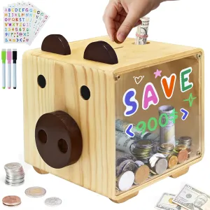 AerWo Wooden Piggy Bank for Kids, DIY Unbreakable Piggy Bank for Boys Girls with Colored Pens and Stickers, Saving Money Box with Clear Sides, Personalized Gift Kids Piggy Banks for Birthday Christmas