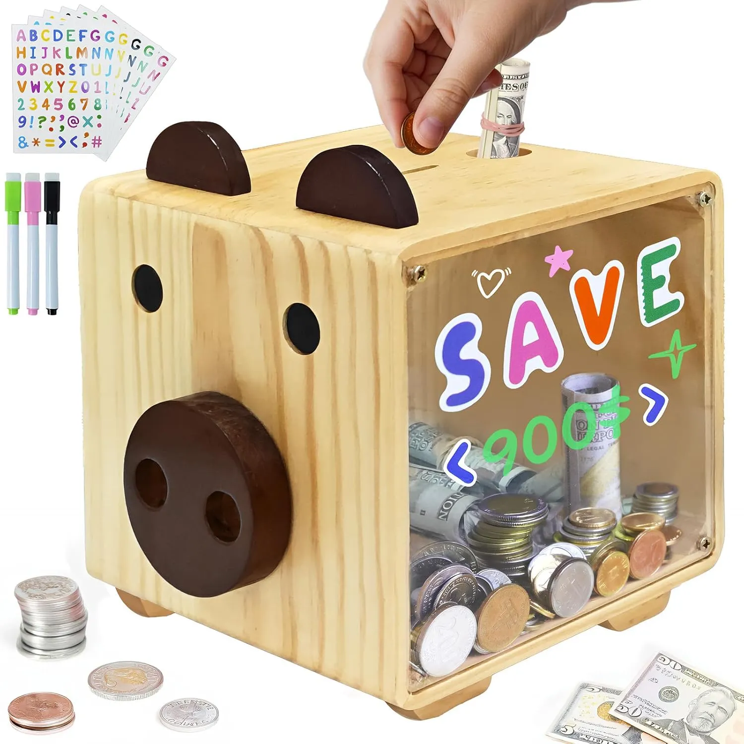 AerWo Wooden Piggy Bank for Kids, DIY Unbreakable Piggy Bank for Boys Girls with Colored Pens and Stickers, Saving Money Box with Clear Sides, Personalized Gift Kids Piggy Banks for Birthday Christmas