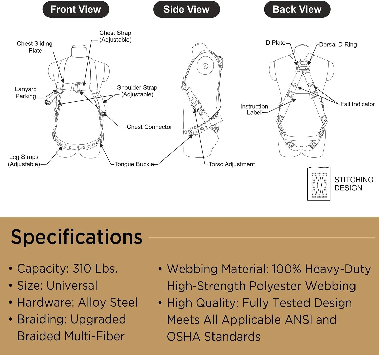 AFP Universal Full-Body Fall Protection Safety Harness w/ 3 D-Rings and Tongue Buckle Legs