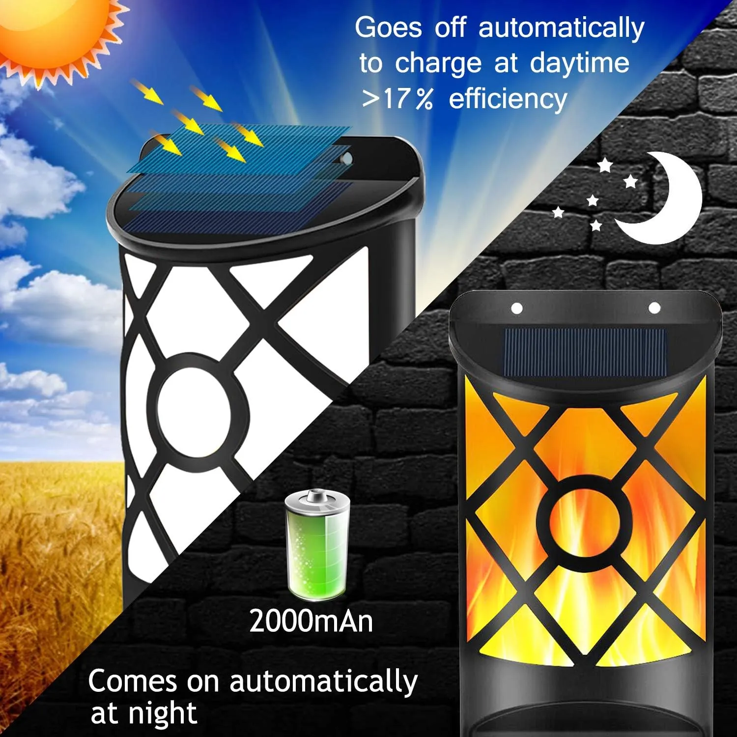 Aityvert Solar Flame Lights Outdoor, Waterproof Flickering Flame Solar Light Dark Sensor Auto On/Off 66 LED Solar Powered Wall Mounted Night Lights Lattice Design for Patio Deck Driveway