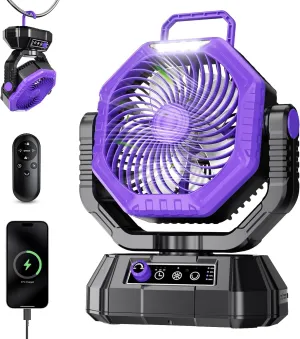 AJVV Camping Fan Rechargeable, Battery Powered Fan With Remote Controller, LED Light, Dual-Blade, Stepless Speed, 45°/90°/270° Swing,Timer, Portable fan For Travel/Tent/Beach/Fishing,Violet