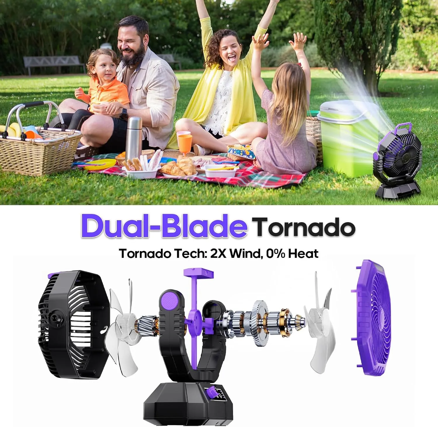 AJVV Camping Fan Rechargeable, Battery Powered Fan With Remote Controller, LED Light, Dual-Blade, Stepless Speed, 45°/90°/270° Swing,Timer, Portable fan For Travel/Tent/Beach/Fishing,Violet