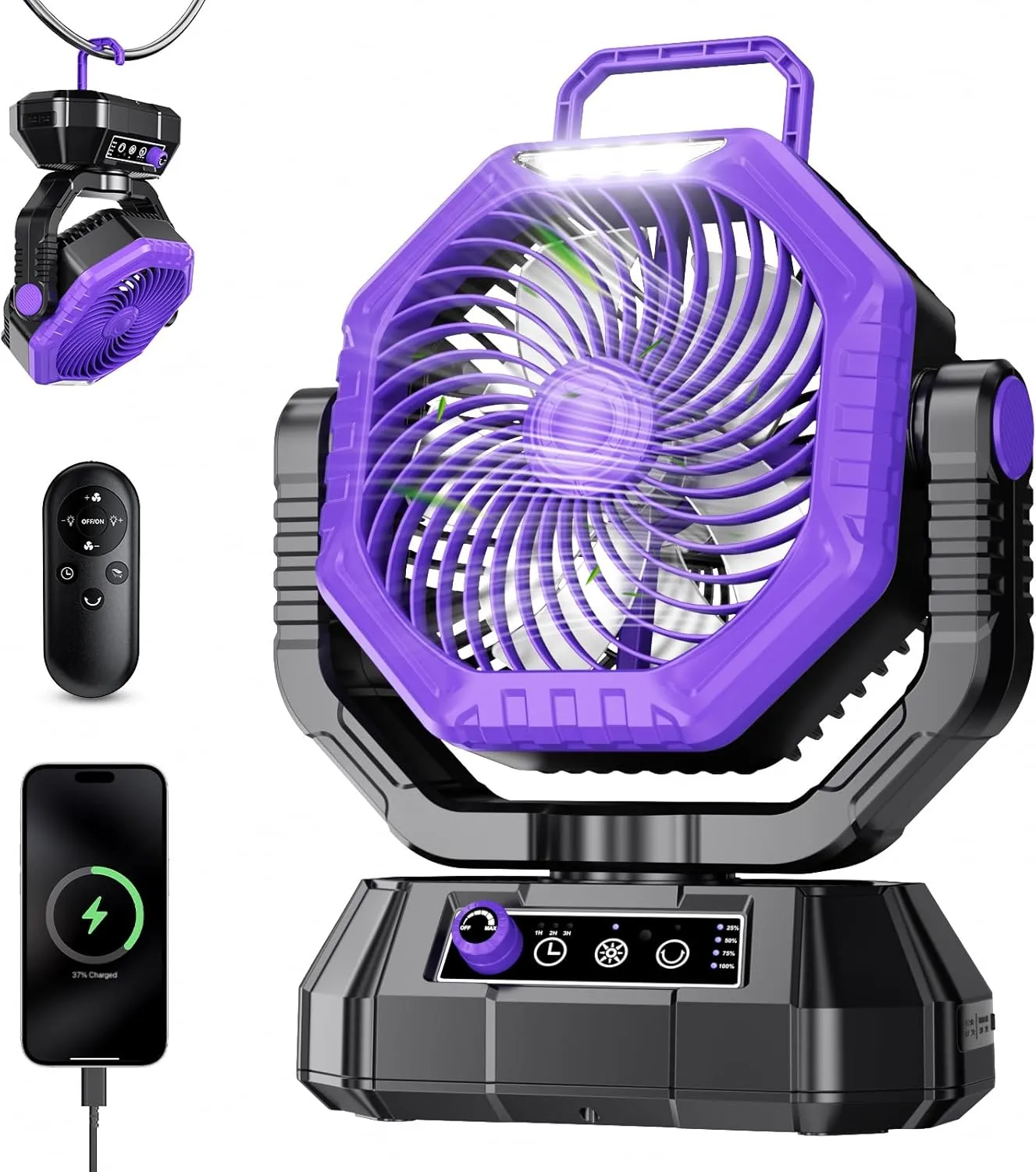 AJVV Camping Fan Rechargeable, Battery Powered Fan With Remote Controller, LED Light, Dual-Blade, Stepless Speed, 45°/90°/270° Swing,Timer, Portable fan For Travel/Tent/Beach/Fishing,Violet