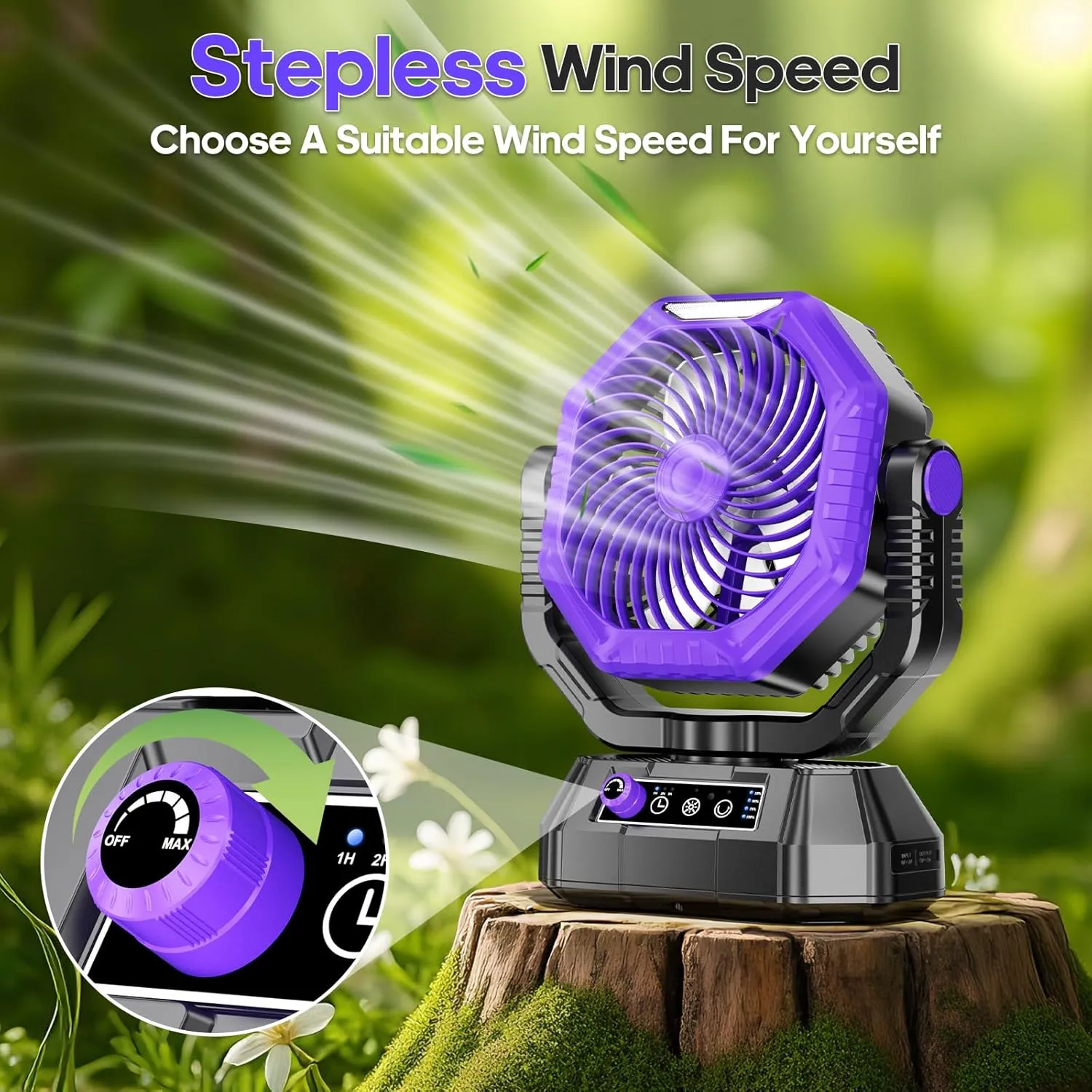 AJVV Camping Fan Rechargeable, Battery Powered Fan With Remote Controller, LED Light, Dual-Blade, Stepless Speed, 45°/90°/270° Swing,Timer, Portable fan For Travel/Tent/Beach/Fishing,Violet