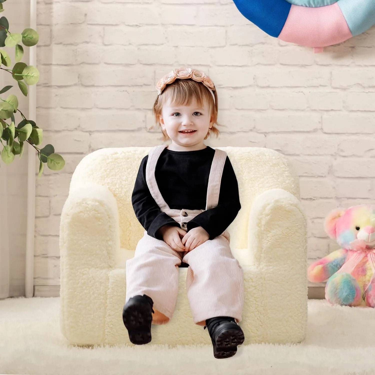 ALIMORDEN Kids Ultra-Soft Snuggle Foam Filled Chair, Toddler Cuddly Sherpa Reading Couch for Boys and Girls, Cream