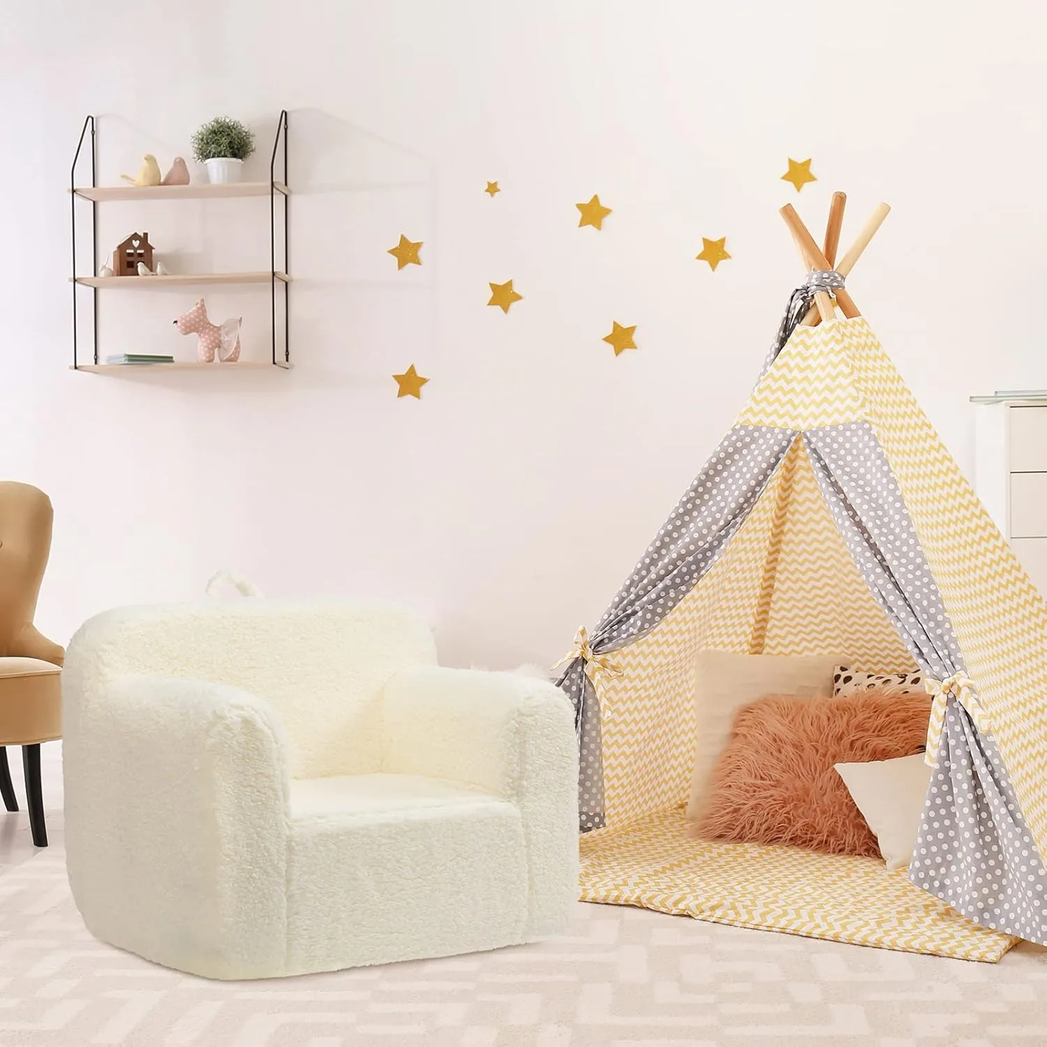 ALIMORDEN Kids Ultra-Soft Snuggle Foam Filled Chair, Toddler Cuddly Sherpa Reading Couch for Boys and Girls, Cream