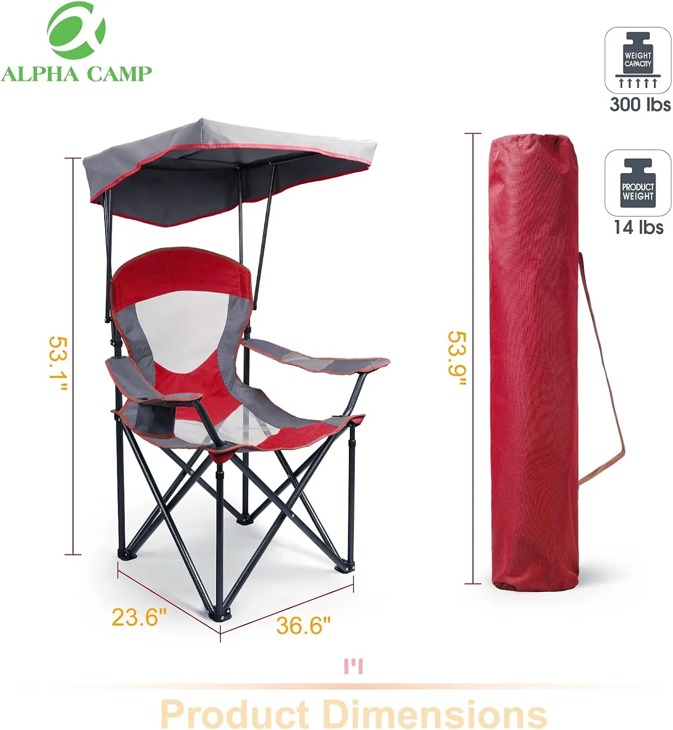 ALPHA CAMP Camp Chair with Shade Canopy Folding Camping Chair with Cup Holder and Carry Bag for Outdoor Camping Hiking Beach, Heavy Duty 300 LBS, Red