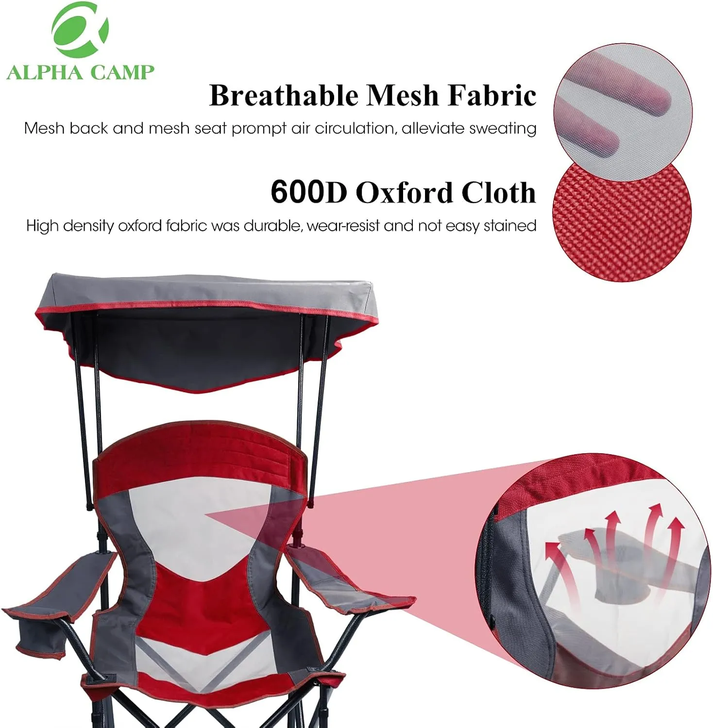 ALPHA CAMP Camp Chair with Shade Canopy Folding Camping Chair with Cup Holder and Carry Bag for Outdoor Camping Hiking Beach, Heavy Duty 300 LBS, Red
