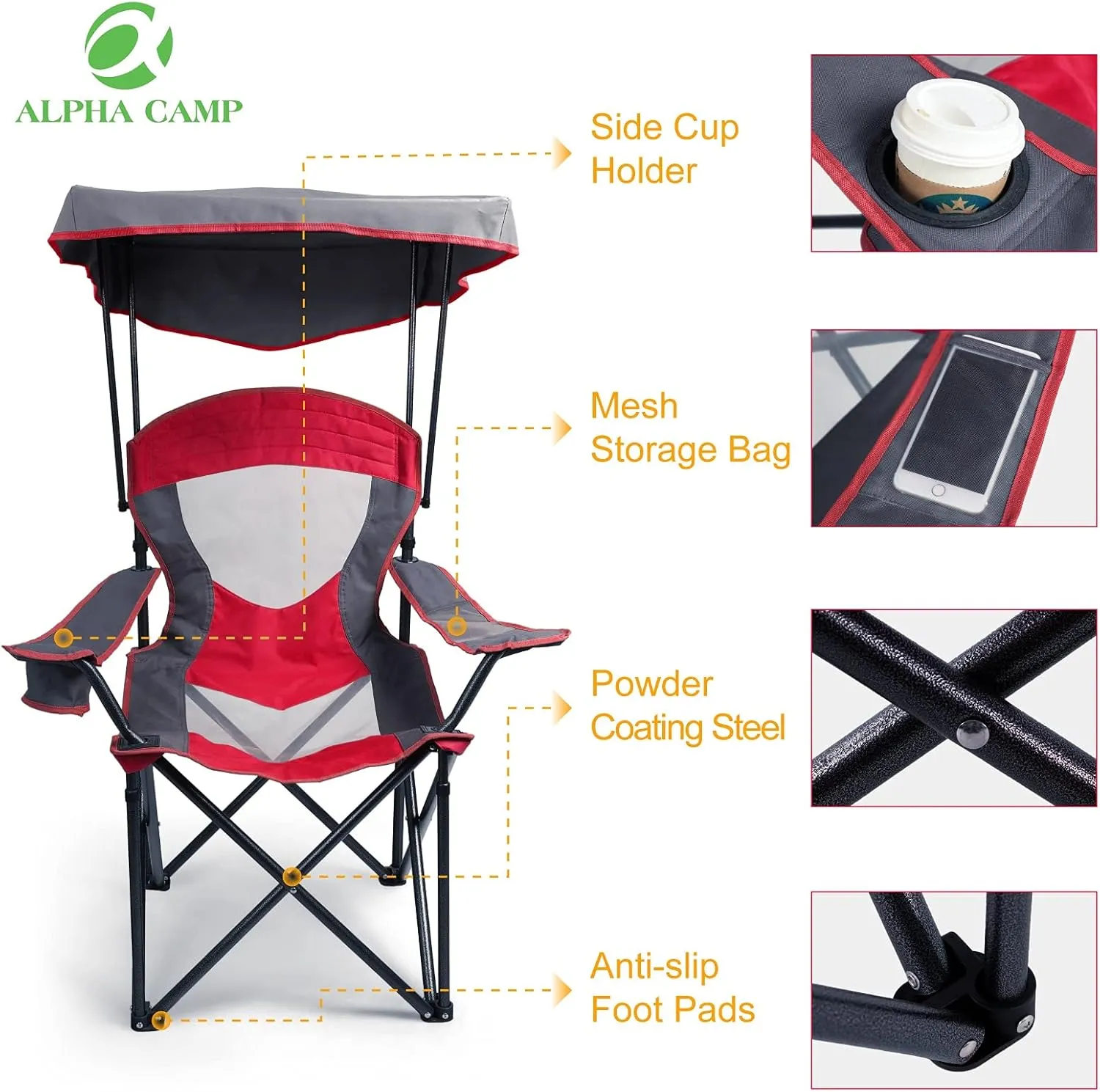 ALPHA CAMP Camp Chair with Shade Canopy Folding Camping Chair with Cup Holder and Carry Bag for Outdoor Camping Hiking Beach, Heavy Duty 300 LBS, Red