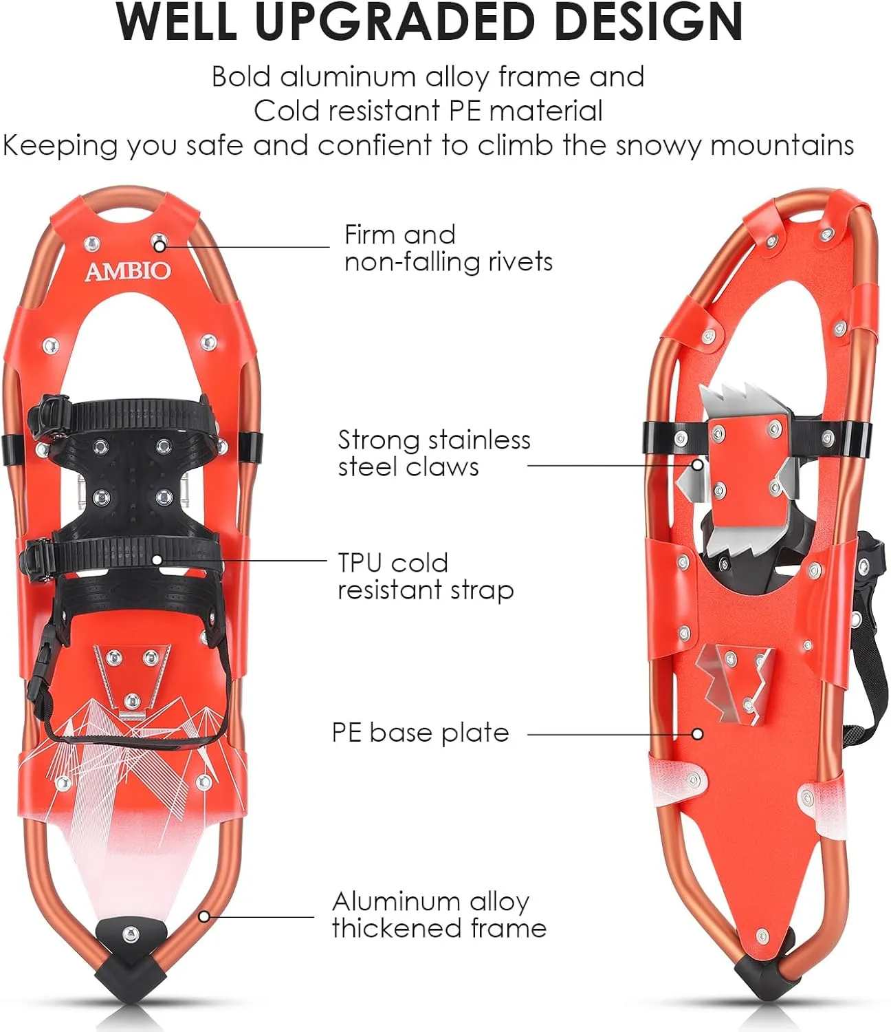 AMBIO 2 in 1 Snowshoes for Men Women Youth, Light Weight Aluminum Snow Shoes with Carrying Tote Bag
