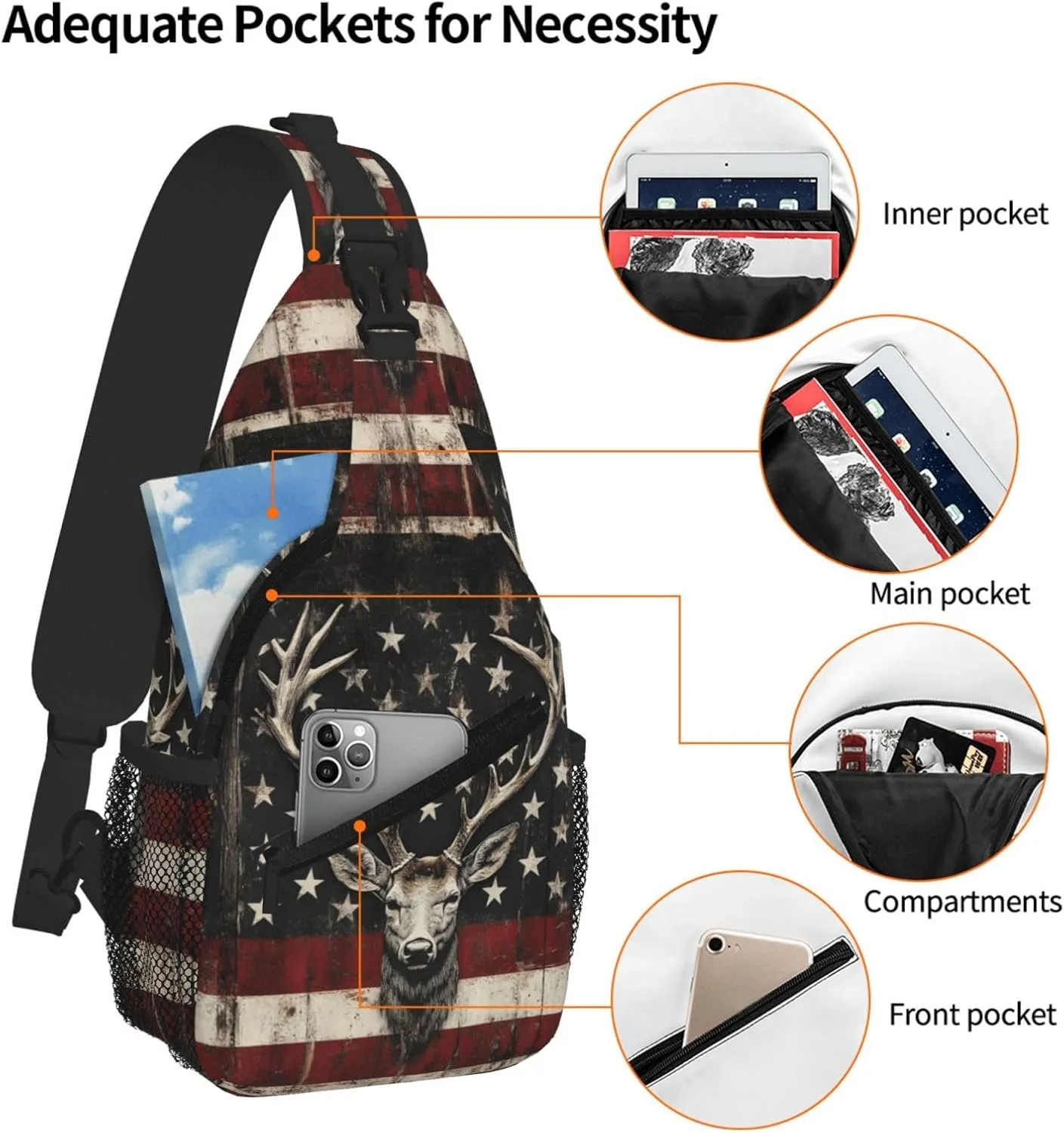 American Flag Deer Sling Bag Crossbody Backpack Shoulder Daypack Multipurpose Cross Body Chest Bag for Men Women Travel Hiking Sports Gym