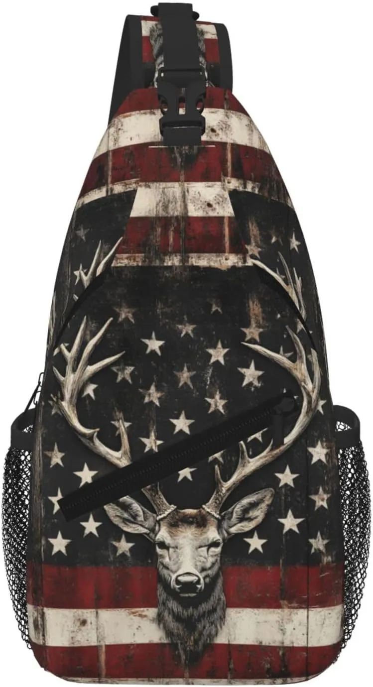 American Flag Deer Sling Bag Crossbody Backpack Shoulder Daypack Multipurpose Cross Body Chest Bag for Men Women Travel Hiking Sports Gym