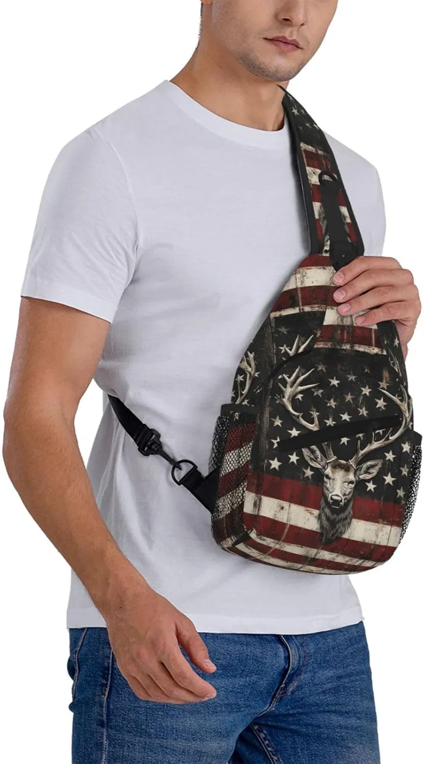 American Flag Deer Sling Bag Crossbody Backpack Shoulder Daypack Multipurpose Cross Body Chest Bag for Men Women Travel Hiking Sports Gym