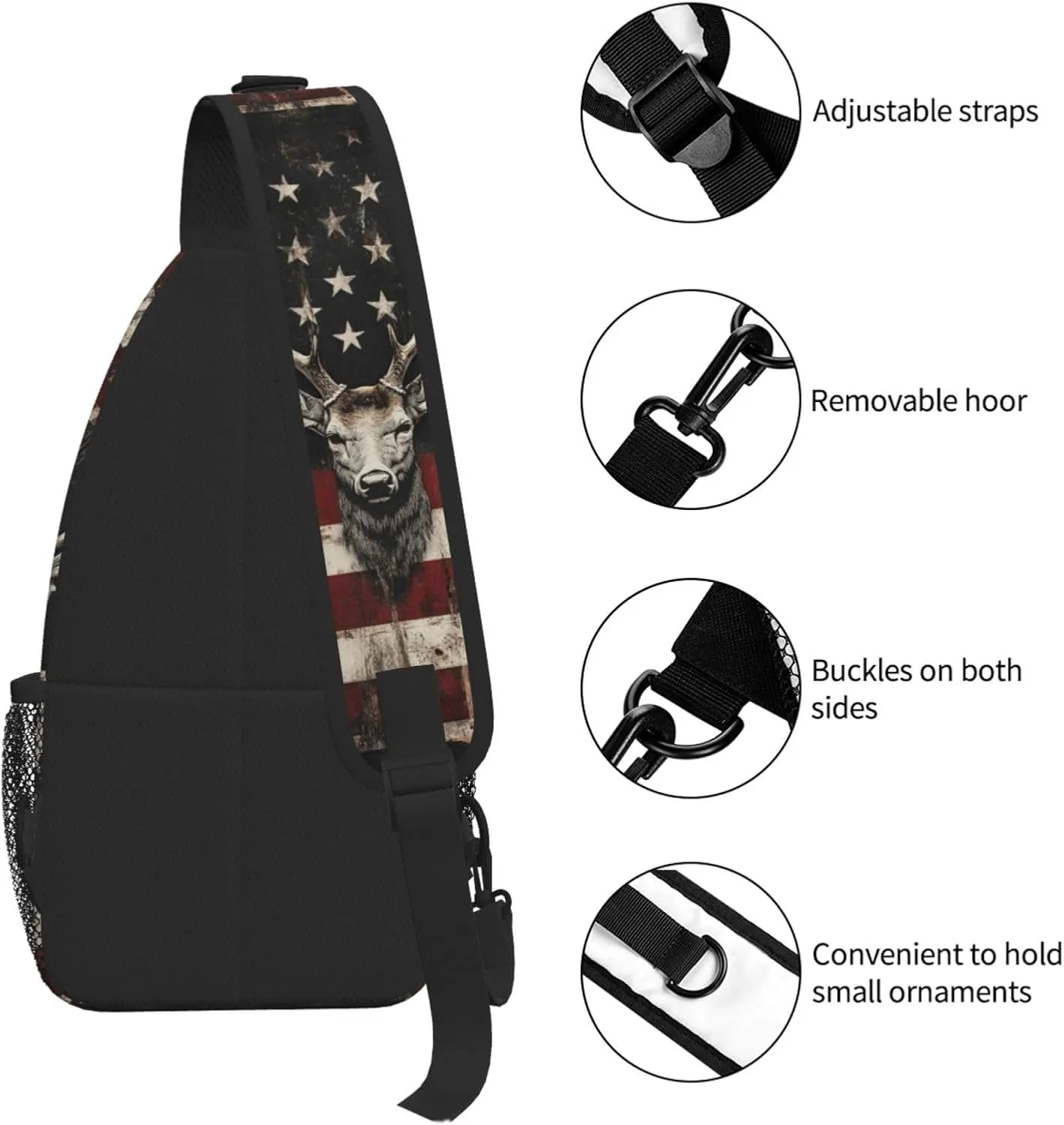 American Flag Deer Sling Bag Crossbody Backpack Shoulder Daypack Multipurpose Cross Body Chest Bag for Men Women Travel Hiking Sports Gym