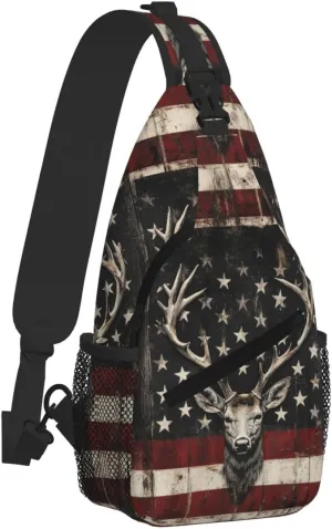 American Flag Deer Sling Bag Crossbody Backpack Shoulder Daypack Multipurpose Cross Body Chest Bag for Men Women Travel Hiking Sports Gym