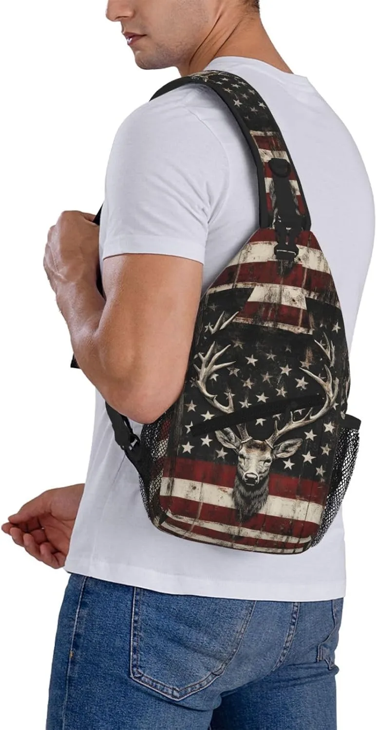 American Flag Deer Sling Bag Crossbody Backpack Shoulder Daypack Multipurpose Cross Body Chest Bag for Men Women Travel Hiking Sports Gym