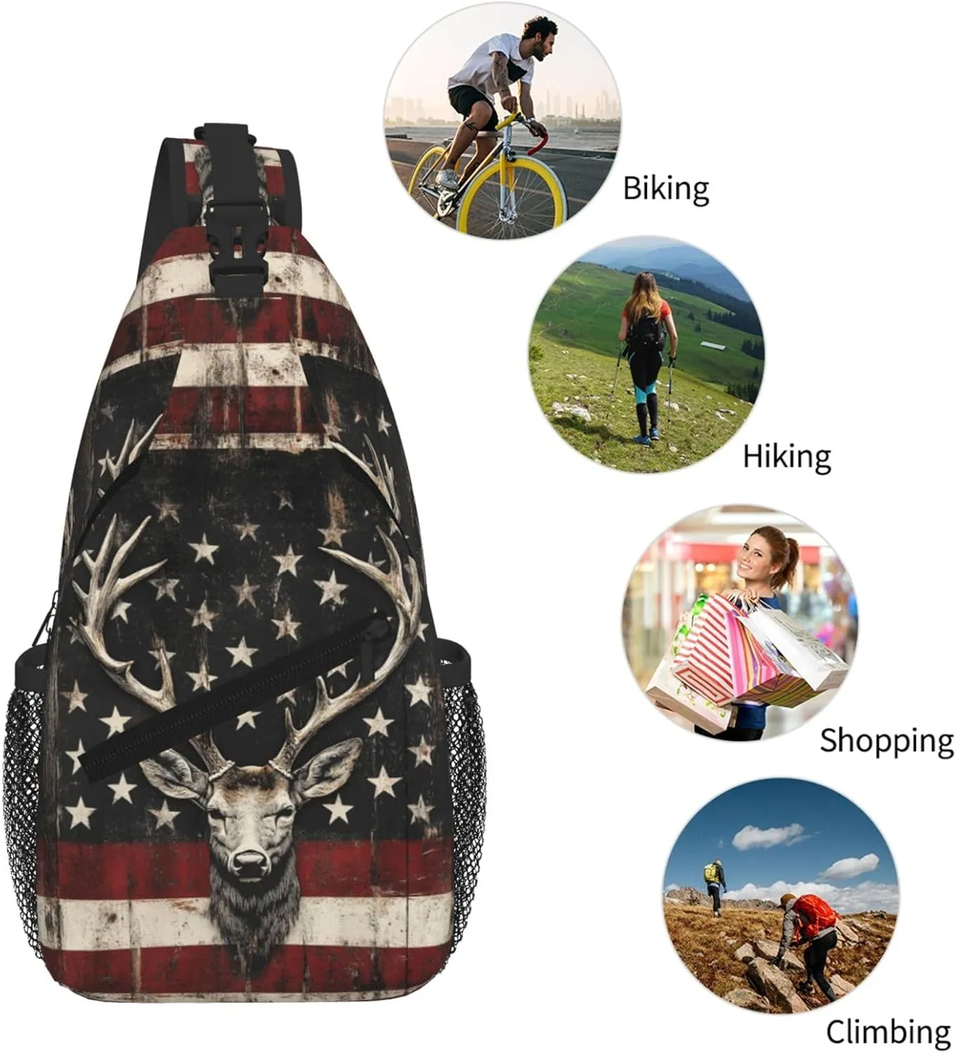 American Flag Deer Sling Bag Crossbody Backpack Shoulder Daypack Multipurpose Cross Body Chest Bag for Men Women Travel Hiking Sports Gym