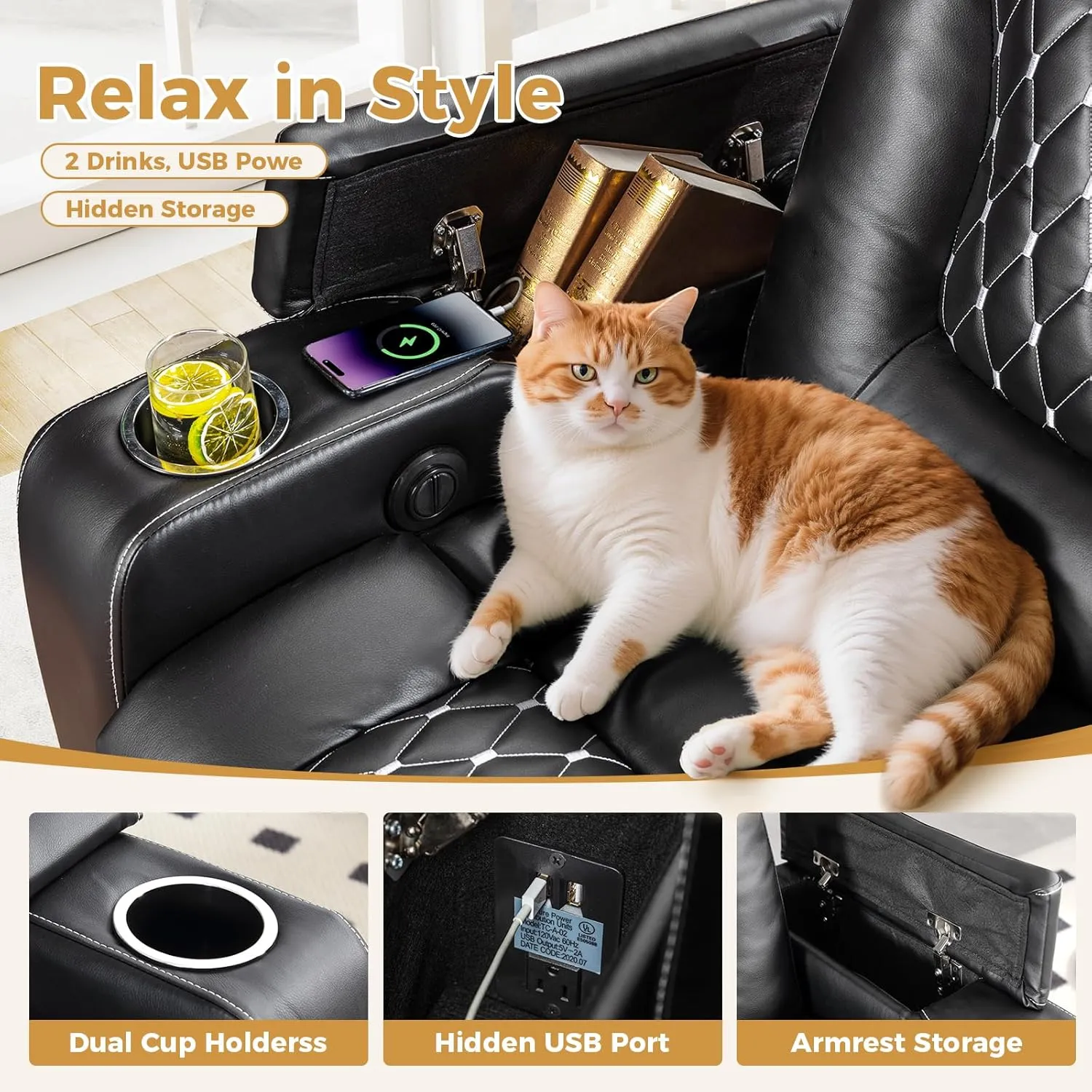 ANJ Power Recliner Chair with USB Ports and Cup Holders - Overstuffed Electric Home Theater Seating PU Leather Reclining Furniture with Hidden Arm Storage, Easy to Clean (Black)