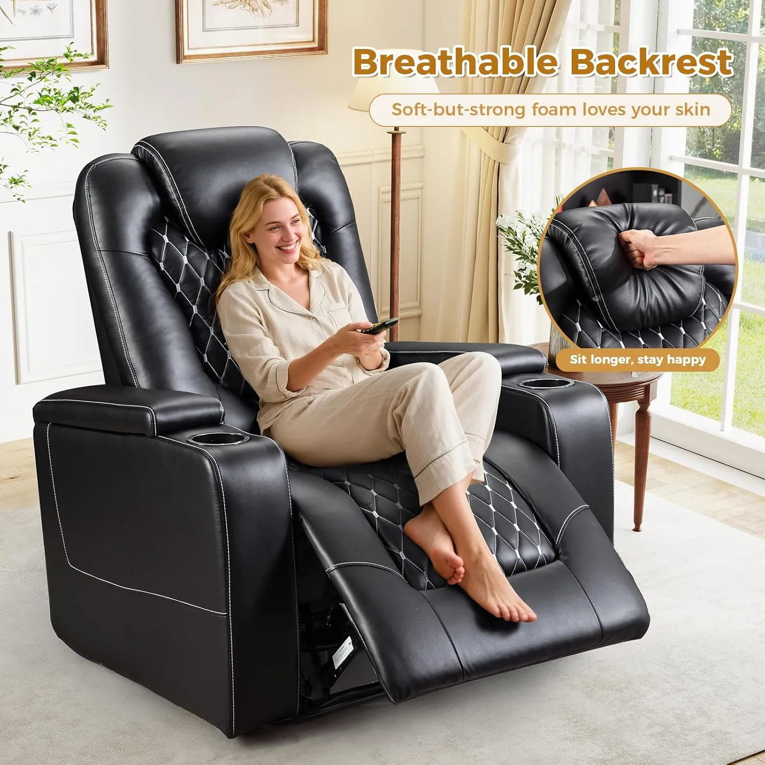 ANJ Power Recliner Chair with USB Ports and Cup Holders - Overstuffed Electric Home Theater Seating PU Leather Reclining Furniture with Hidden Arm Storage, Easy to Clean (Black)
