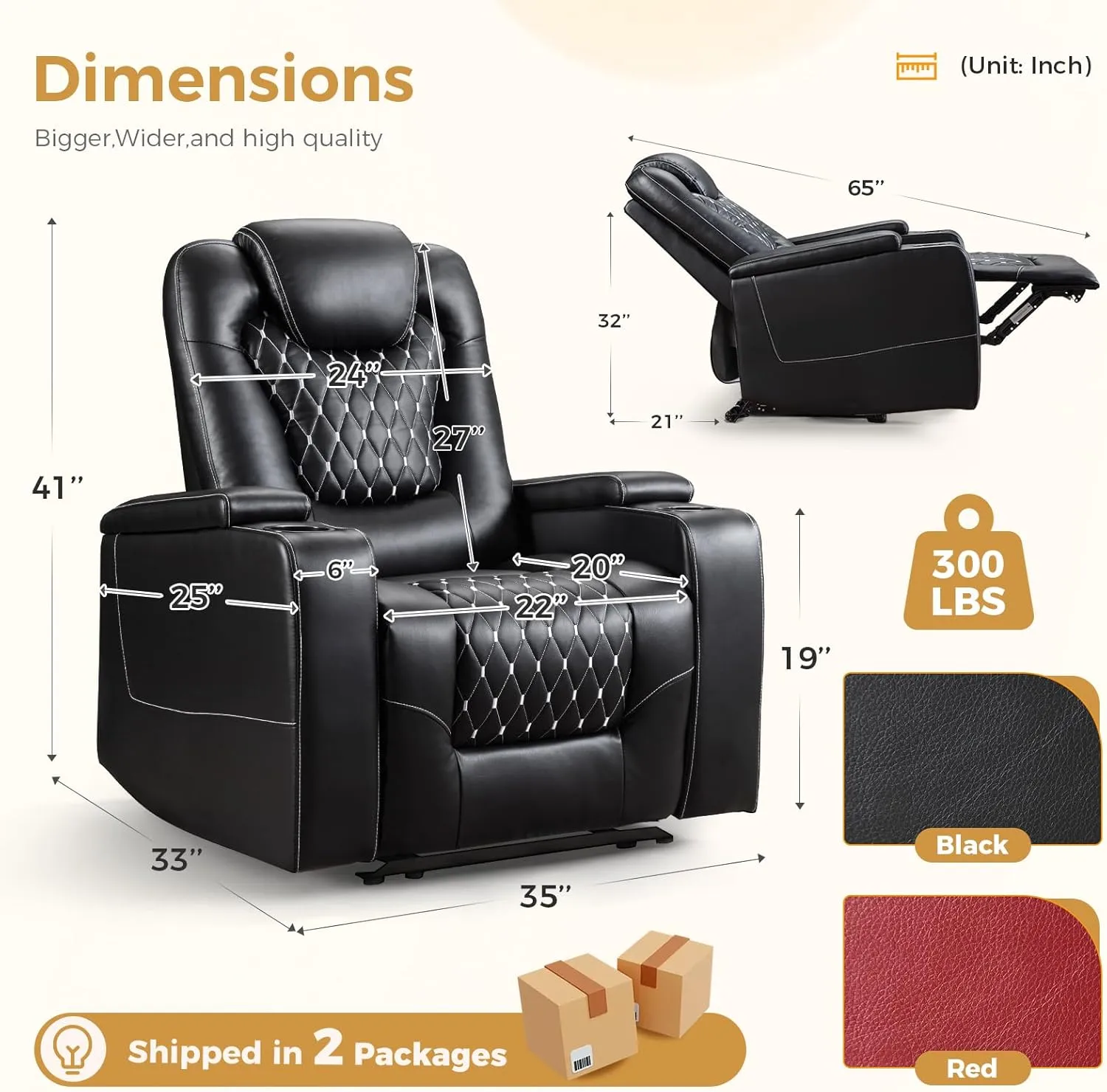 ANJ Power Recliner Chair with USB Ports and Cup Holders - Overstuffed Electric Home Theater Seating PU Leather Reclining Furniture with Hidden Arm Storage, Easy to Clean (Black)