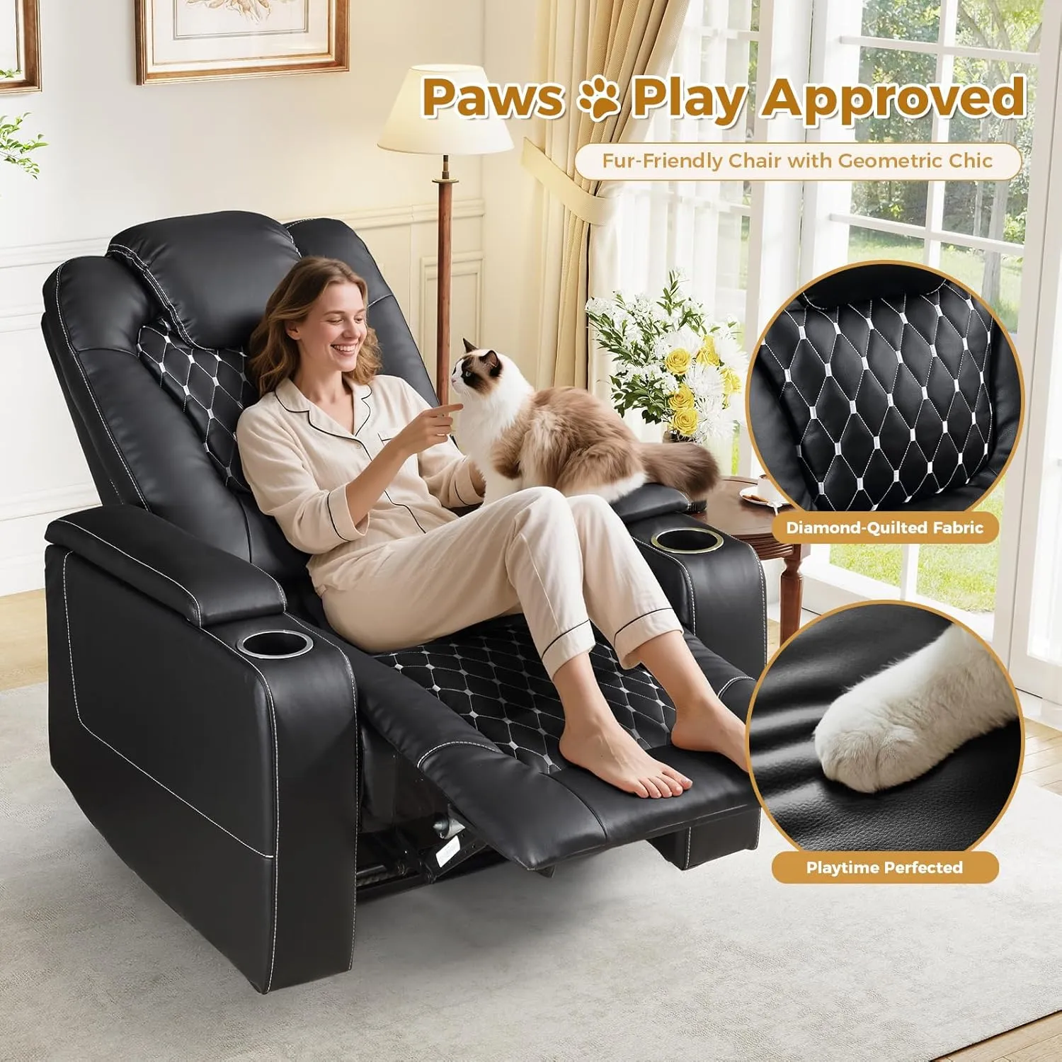 ANJ Power Recliner Chair with USB Ports and Cup Holders - Overstuffed Electric Home Theater Seating PU Leather Reclining Furniture with Hidden Arm Storage, Easy to Clean (Black)