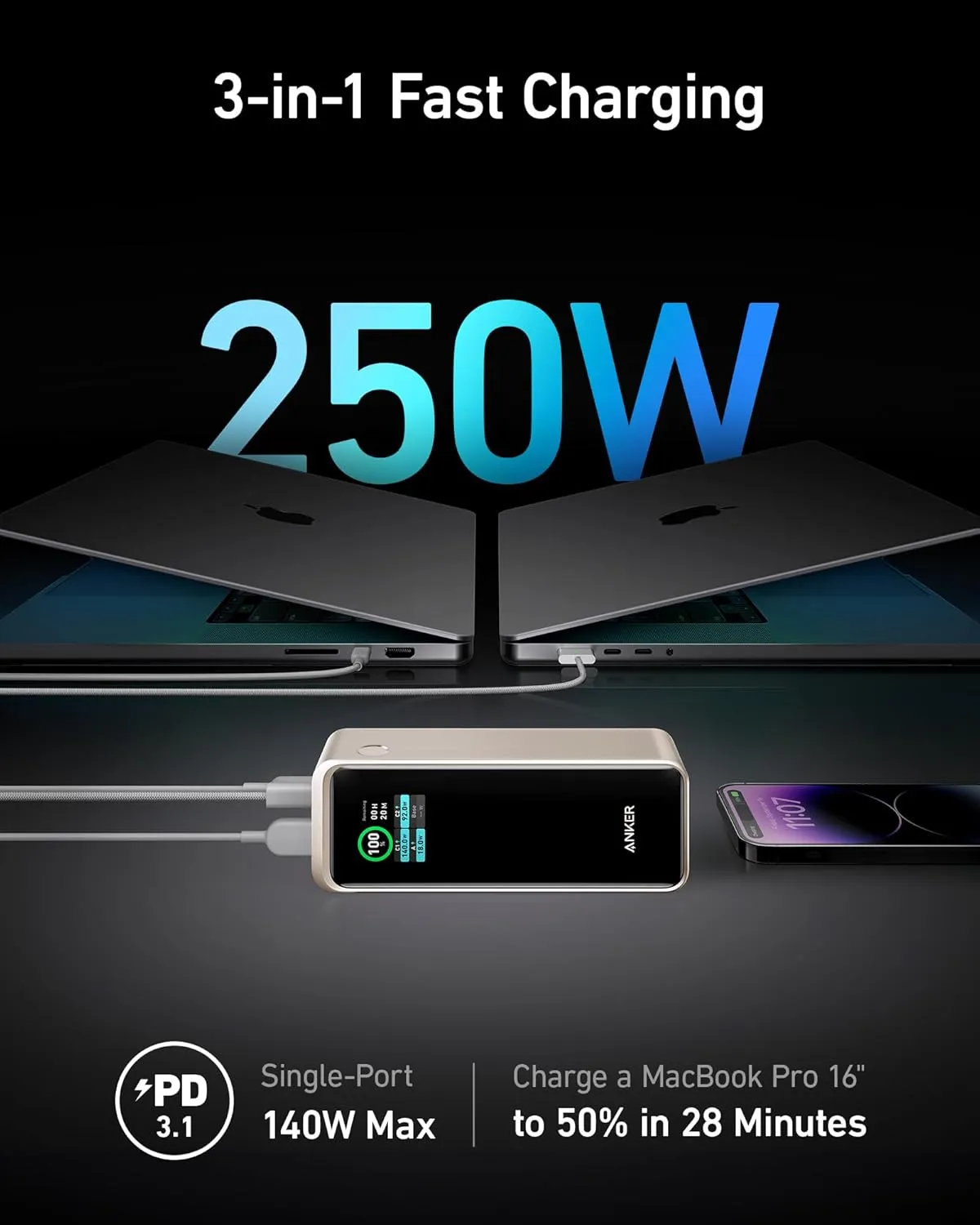 Anker Prime Power Bank, 27,650mAh 3-Port 250W Portable Charger for Travel, TSA-Approved, Smart App, for MacBook Pro/Air, iPhone 16/15/14 Series, Samsung, Laptops, and More (Charging Base Not Included)