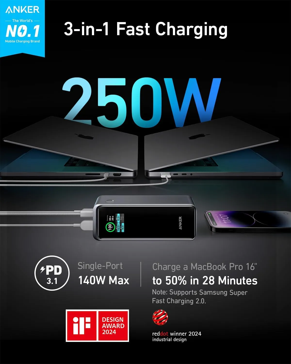 Anker Prime Power Bank, 27,650mAh 3-Port 250W Portable Charger for Travel, TSA-Approved, Smart App, for MacBook Pro/Air, iPhone 16/15/14 Series, Samsung, Laptops, and More