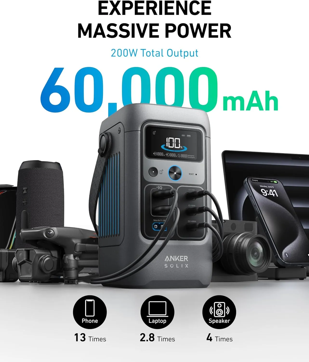 Anker SOLIX C200 DC Power Bank Station, 192Wh Portable Power Station, LiFePO4 Battery, 200W Solar Generator, for Outdoor Camping, Traveling, and Emergencies (No Wall Charger Included)