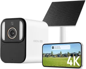 Anona Aurora 4K Solar Security Cameras Wireless Outdoor, Forever Power with Solar Panel, 8MP Color Night Vision, 24/7 AOV Recording, No Monthly Fees, AI Detection, Easy Setup, 2.4 GHz Wi-Fi, IP67