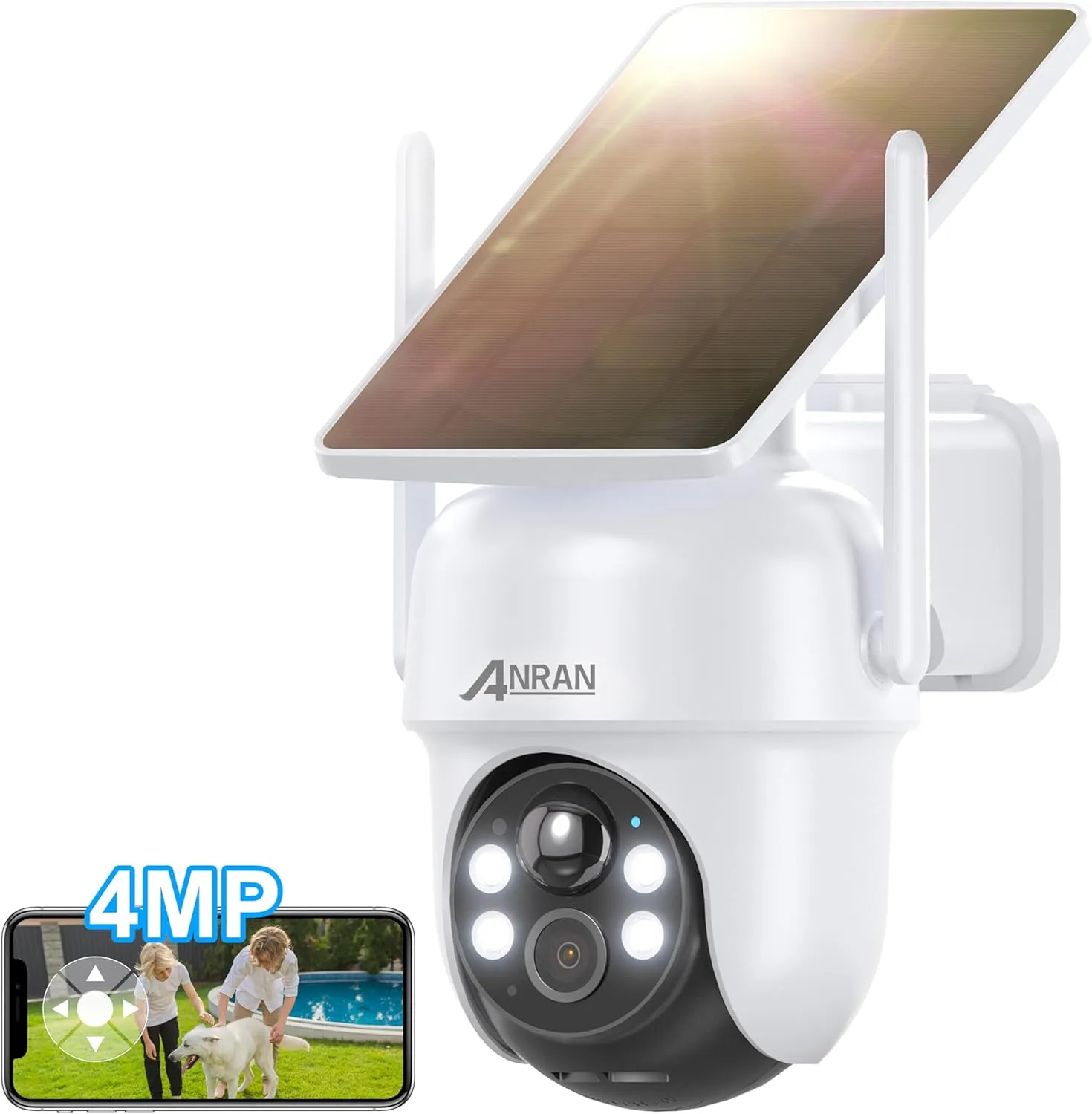 ANRAN Solar Security Cameras Wireless Outdoor, 4MP QHD Battery Powered Home Security System, 4-Cam Kit with Integrated Solar Panel, Forever Power, Spotlight, Expandable Local Storage (White)