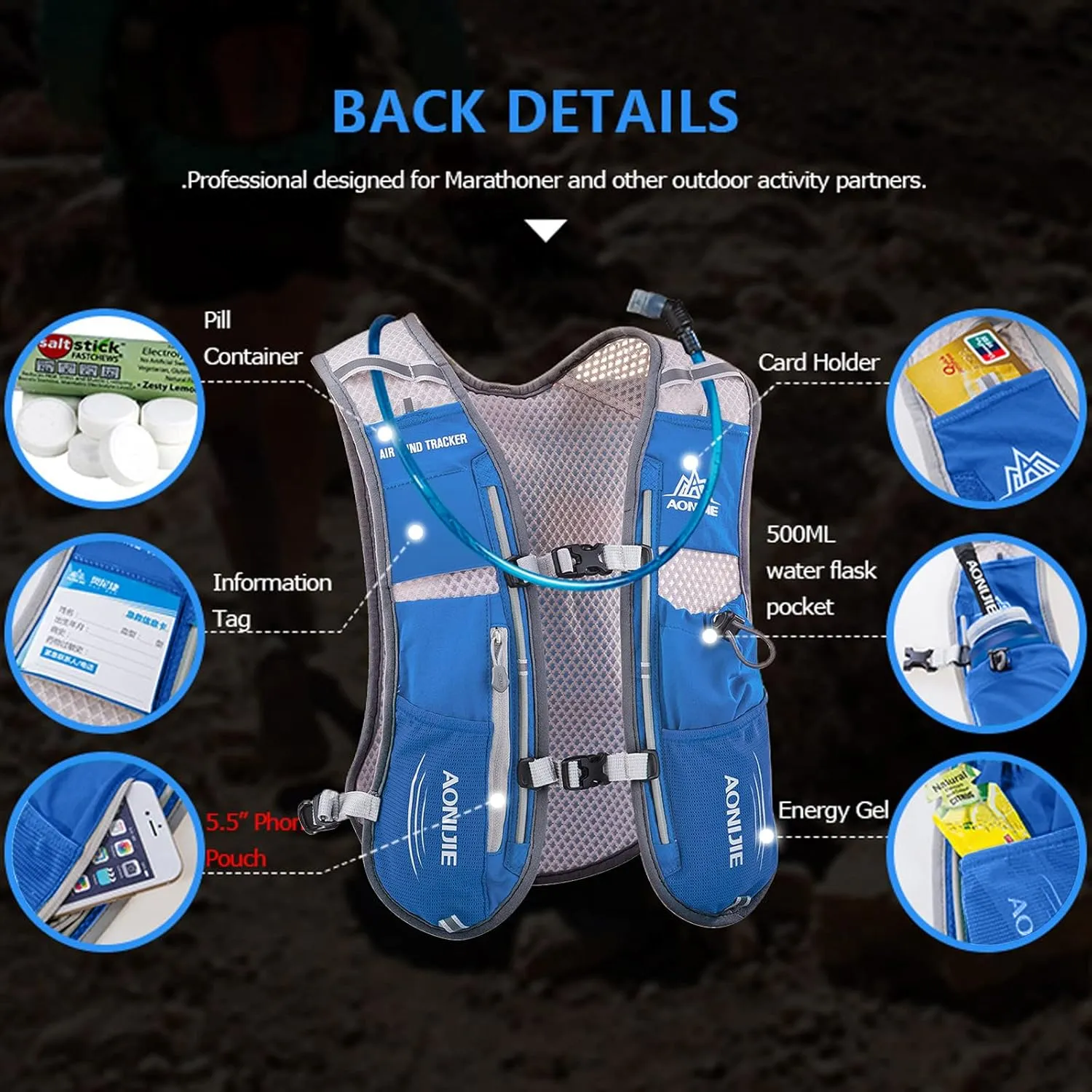 AONIJIE Hydration Backpack Running Vest, 5L Capacity, Multi-Pocket Design, Breathable and Lightweight, Pack for Outdoor Sports - Running, Cycling, Climbing and Hiking