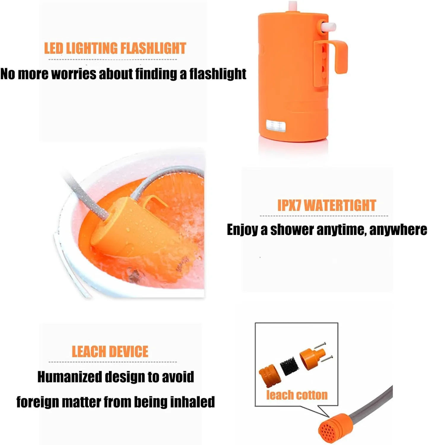 A/orange,Portable camping shower, comes with a rechargeable IPX7 electric pump, LED lighting function, hook and suction cup two fixed shower modes, suitable for camping and traveling
