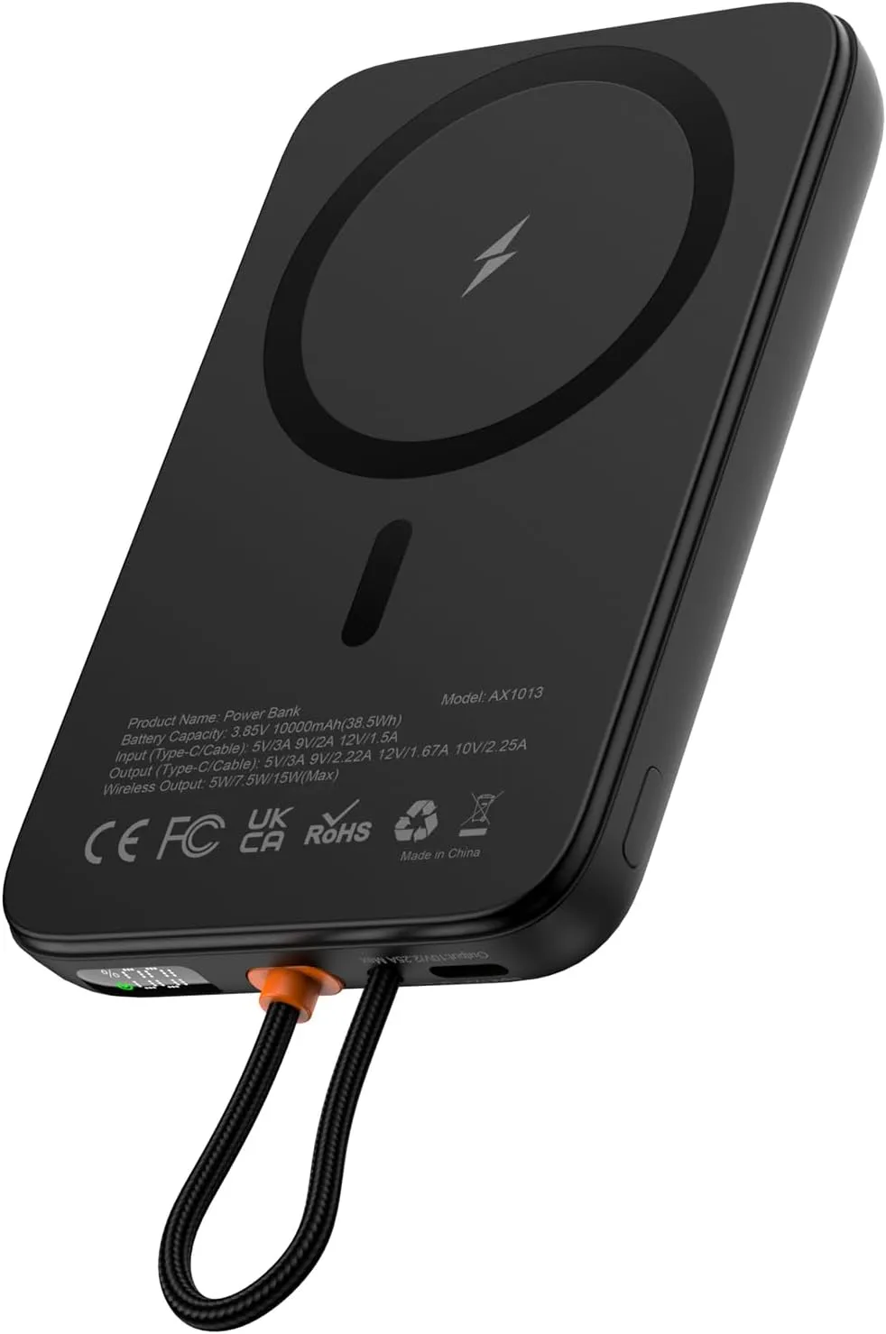 AsperX for Magsafe Battery Pack, 10000mAh Power Bank, Wireless Charging 15W Max and 22.5W Wire Charging, LCD Display, Built-in USB-C Cable Portable Charger for iPhone 16/15/14/13, Samsung etc, Black