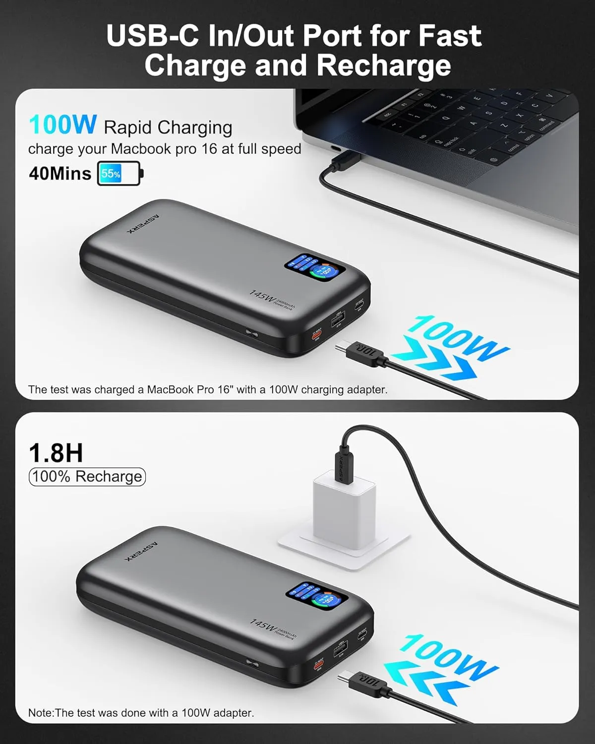 AsperX Power Bank,24,000mAh 145W Laptop Portable Charger,TFT Smart Display, PD 3.1 Fast Charging 3-Port USB C Battery Pack for MacBook,ipad,iPhone 16/15/14/13, Dell XPS, Galaxy S24, Steam Deck etc