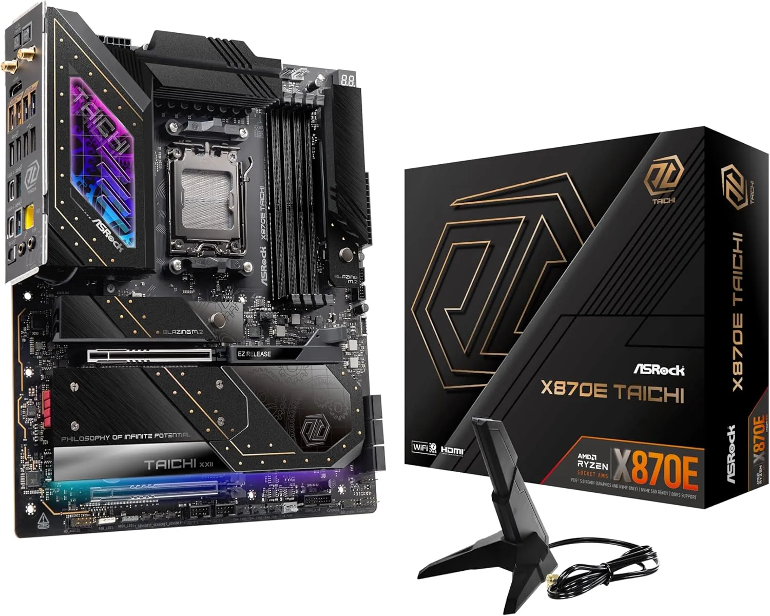 ASRock AMD X870E Taichi Ryzen Socket AM5 X870 Dual Channel DDR5 DIMMs 256 GB 8200 EATX Motherboard M.2 LED WiFi 7