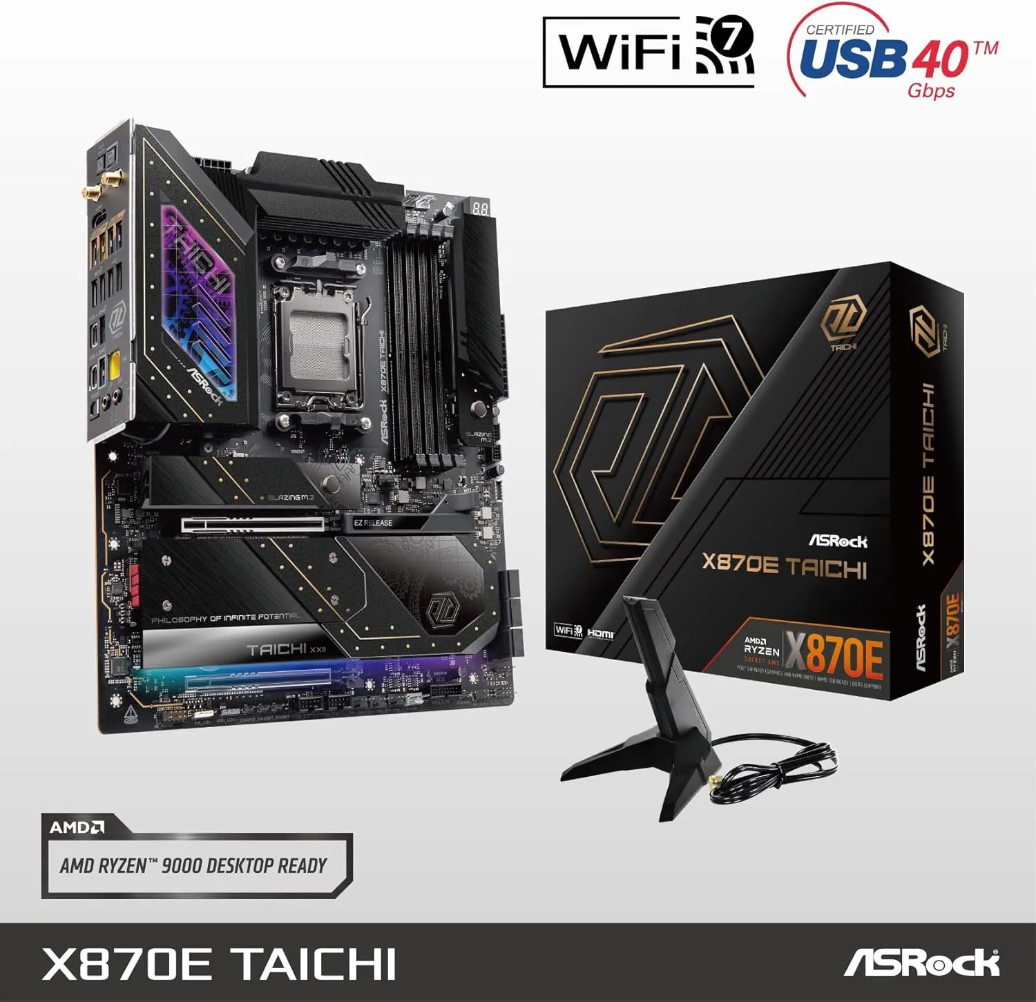 ASRock AMD X870E Taichi Ryzen Socket AM5 X870 Dual Channel DDR5 DIMMs 256 GB 8200 EATX Motherboard M.2 LED WiFi 7