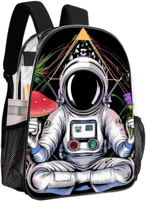 Astronaut Trippy Mushroom Art Rucksacks Lightweight Multipurpose Transparent Shoulder Bag Big Capacity Traveling & Camping Backpack With Side Pockets