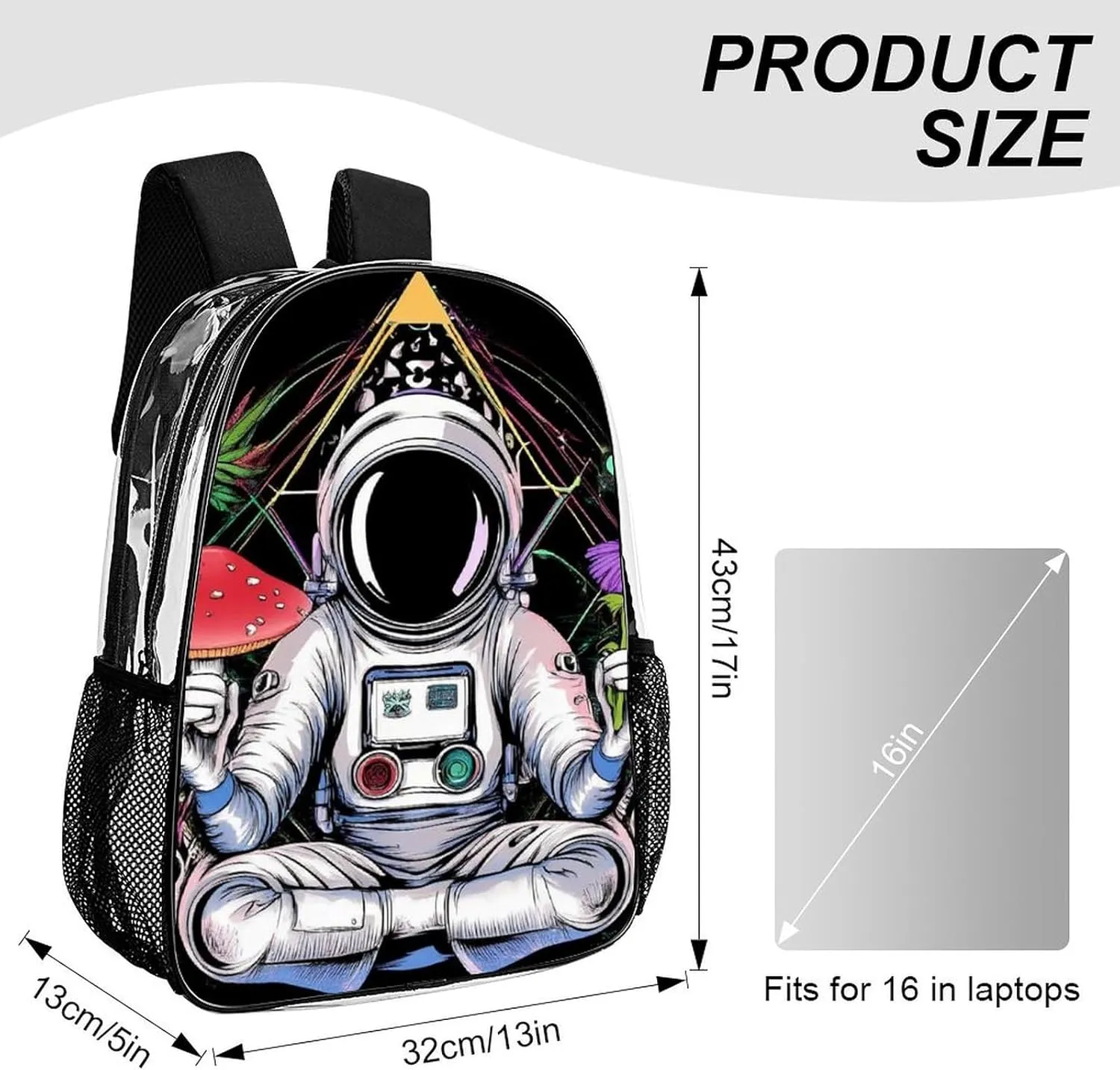 Astronaut Trippy Mushroom Art Rucksacks Lightweight Multipurpose Transparent Shoulder Bag Big Capacity Traveling & Camping Backpack With Side Pockets