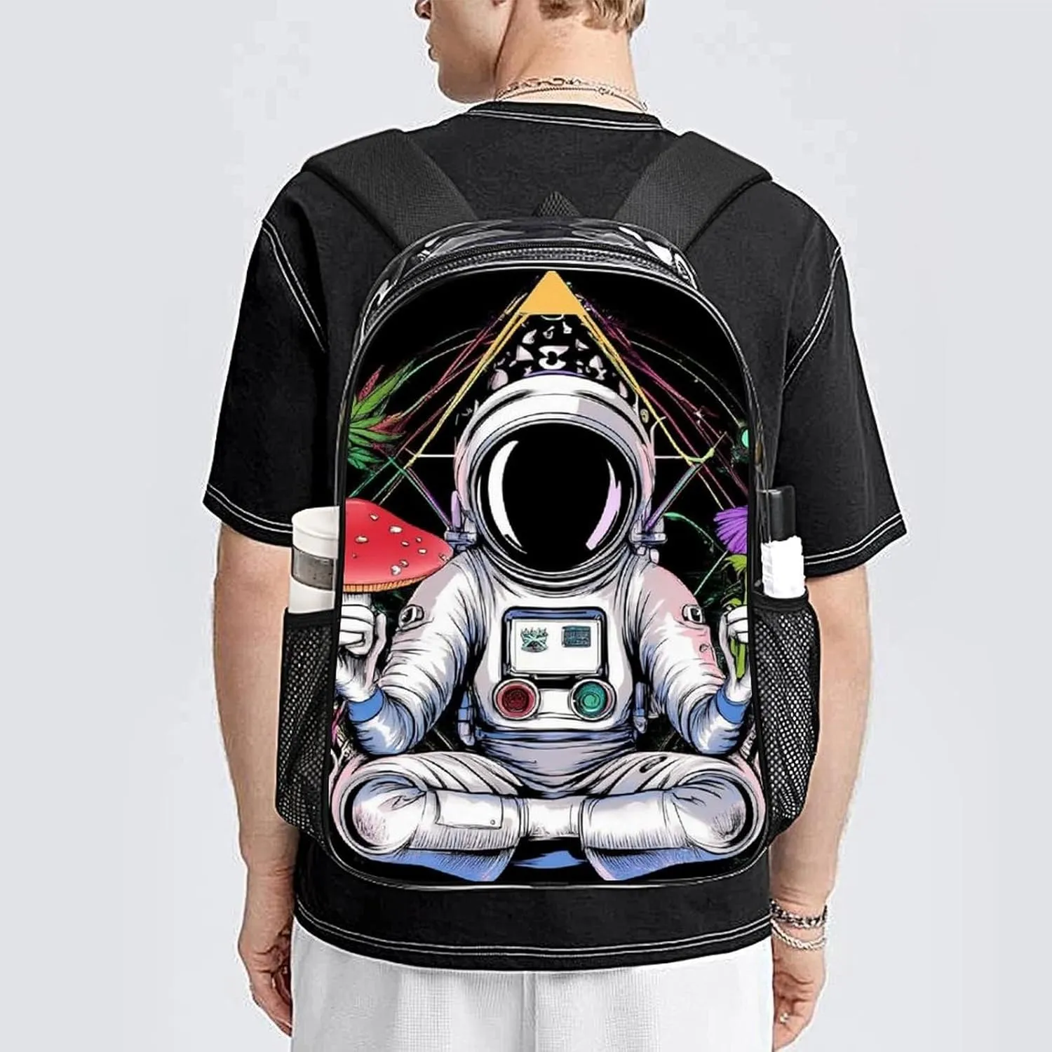 Astronaut Trippy Mushroom Art Rucksacks Lightweight Multipurpose Transparent Shoulder Bag Big Capacity Traveling & Camping Backpack With Side Pockets