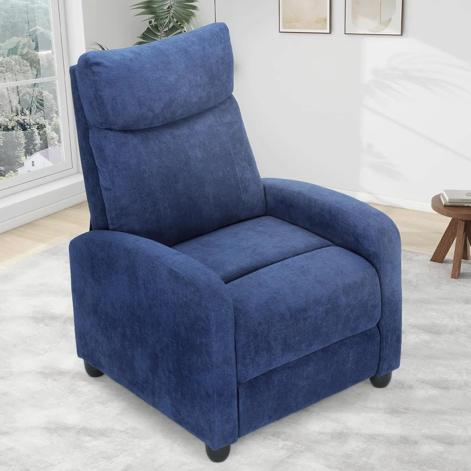 Athena Collection Recliner Chair, Reclining Lounge Chair with Adjustable Backrest and Footrest for Adults, Linen Upholstered Small Recliner Single Sofa for Small Space, Living Room, Bedroom, Blue