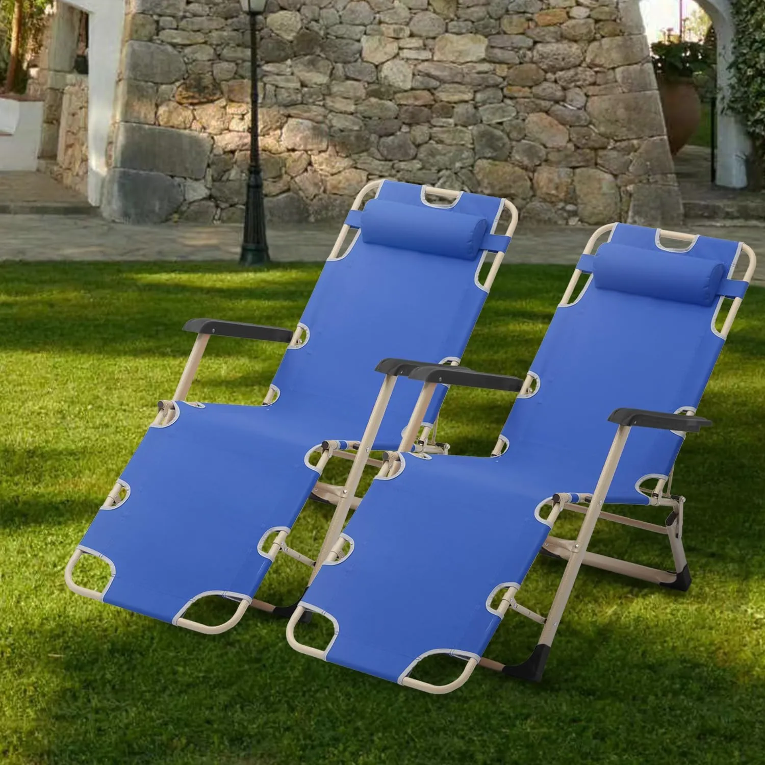 Athena Collection Zero Gravity Outdoor Lounge Chair Set of 2 with Headrest, 26" Width Reclining Pool Lounge Lawn Chairs Recliner, Outdoor Chaise for Beach Patio Backyard Outside, Blue