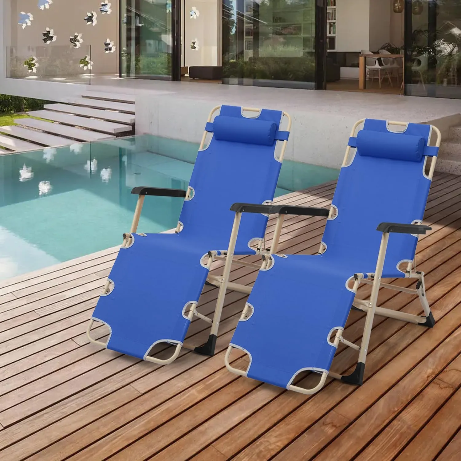 Athena Collection Zero Gravity Outdoor Lounge Chair Set of 2 with Headrest, 26" Width Reclining Pool Lounge Lawn Chairs Recliner, Outdoor Chaise for Beach Patio Backyard Outside, Blue