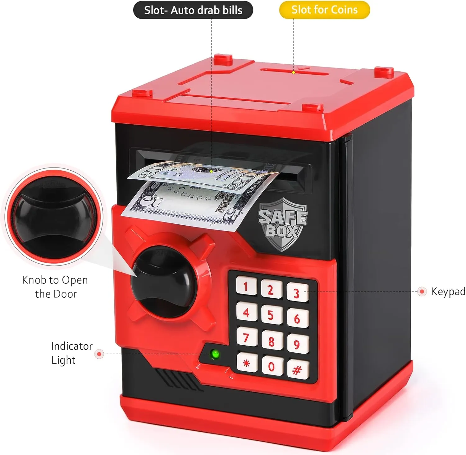 ATM Piggy Bank for Boys Girls, Vcertcpl Mini ATM Coin Bank Money Saving Box with Password, Kids Safe Money Jar for Adults with Auto Grab Bill Slot, Great Gift Toy Bank for Kids (Red Black)