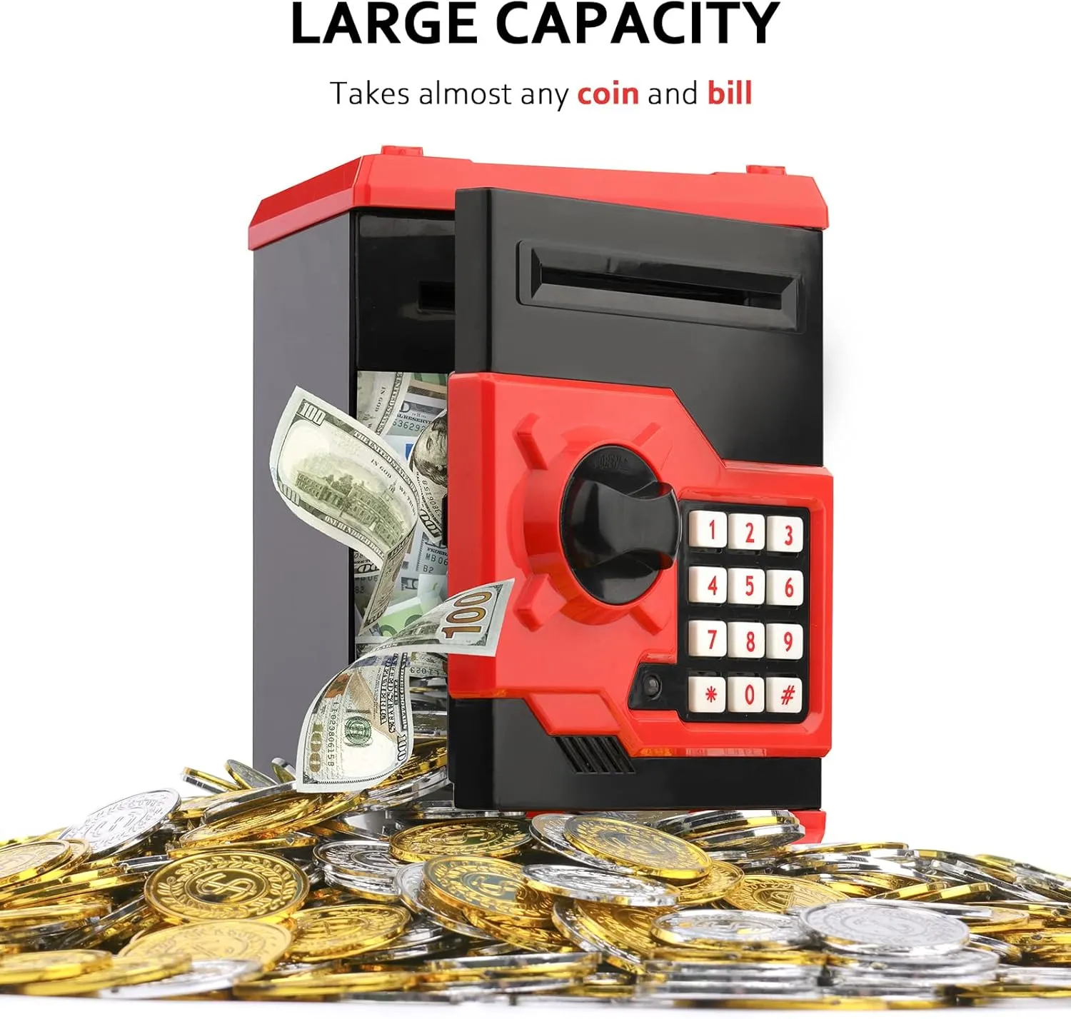 ATM Piggy Bank for Boys Girls, Vcertcpl Mini ATM Coin Bank Money Saving Box with Password, Kids Safe Money Jar for Adults with Auto Grab Bill Slot, Great Gift Toy Bank for Kids (Red Black)