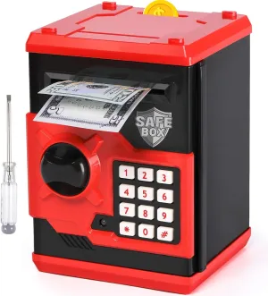 ATM Piggy Bank for Boys Girls, Vcertcpl Mini ATM Coin Bank Money Saving Box with Password, Kids Safe Money Jar for Adults with Auto Grab Bill Slot, Great Gift Toy Bank for Kids (Red Black)