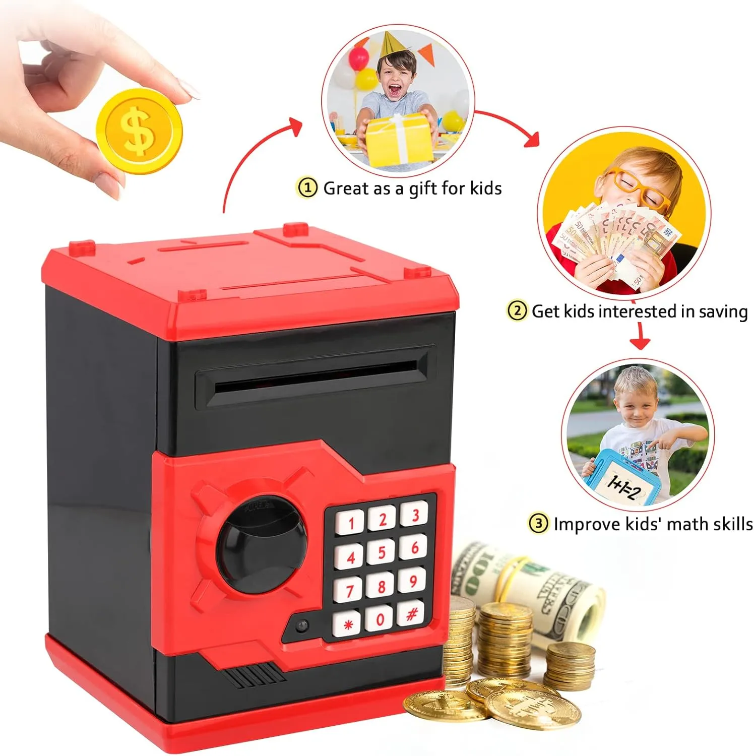 ATM Piggy Bank for Boys Girls, Vcertcpl Mini ATM Coin Bank Money Saving Box with Password, Kids Safe Money Jar for Adults with Auto Grab Bill Slot, Great Gift Toy Bank for Kids (Red Black)