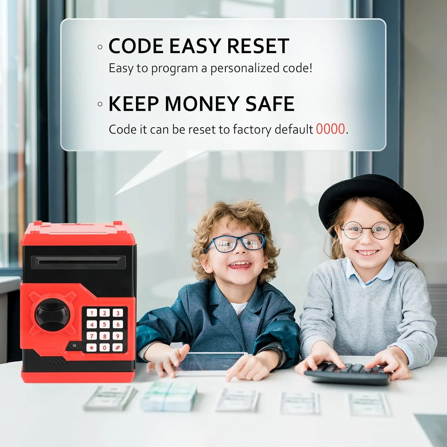 ATM Piggy Bank for Boys Girls, Vcertcpl Mini ATM Coin Bank Money Saving Box with Password, Kids Safe Money Jar for Adults with Auto Grab Bill Slot, Great Gift Toy Bank for Kids (Red Black)